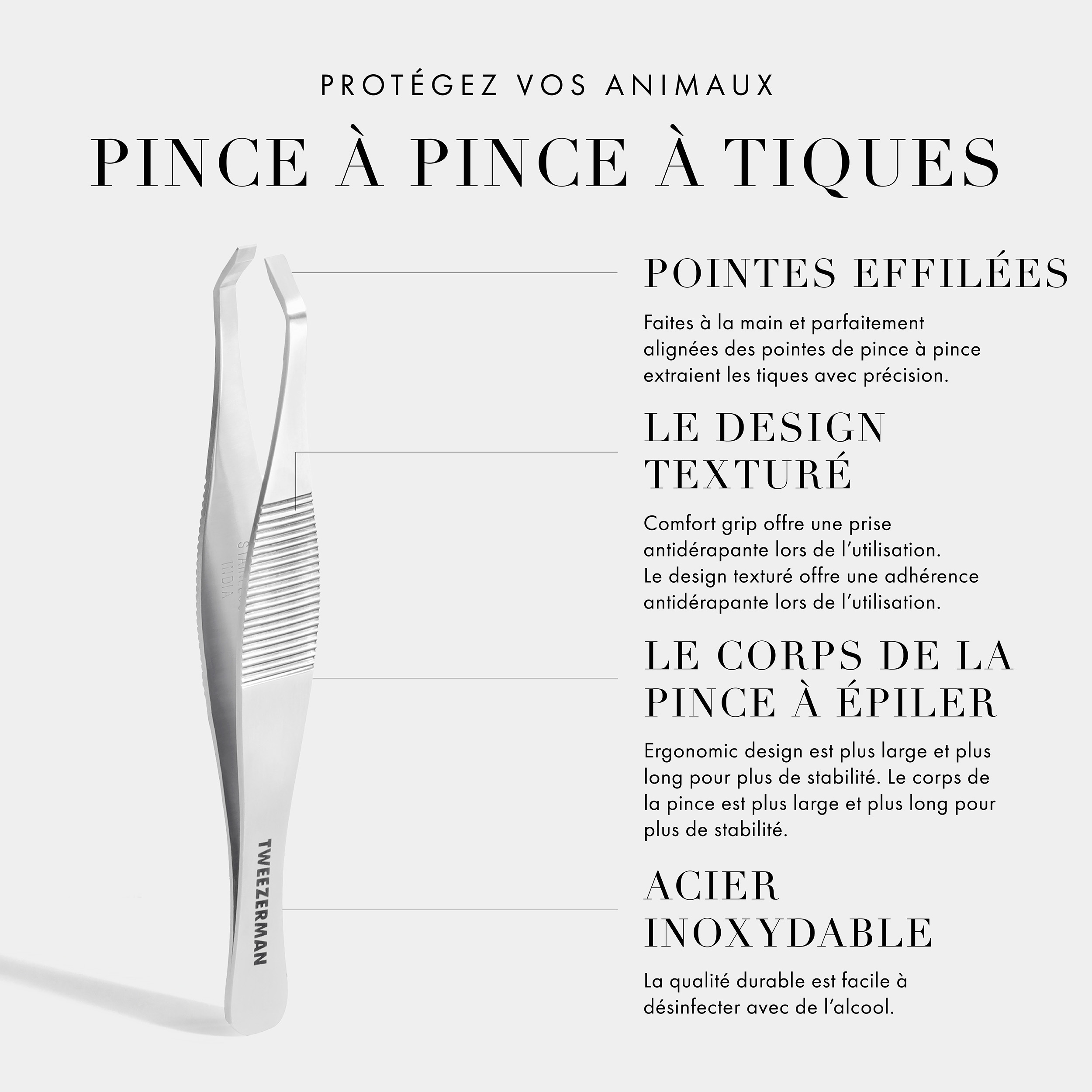 Gardez votre pince à tiques sécuritaire pour votre animal. Pointes effilées – Des pointes de pince à épiler faites à la main et parfaitement alignées extraient les tiques avec précision. Prise confortable – Le design texturé offre une prise antidérapante lors de l’utilisation. Design ergonomique – Le corps en pince est plus large et plus long pour une stabilité accrue. Acier inoxydable – La qualité durable est facile à désinfecter avec de l’alcool. Vegan+ Cruelty Free.