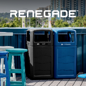 black waste bin and blue recycling bin with canopy lids made from durable 100% post-consumer recycled plastic sitting outside on a rooftop patio
