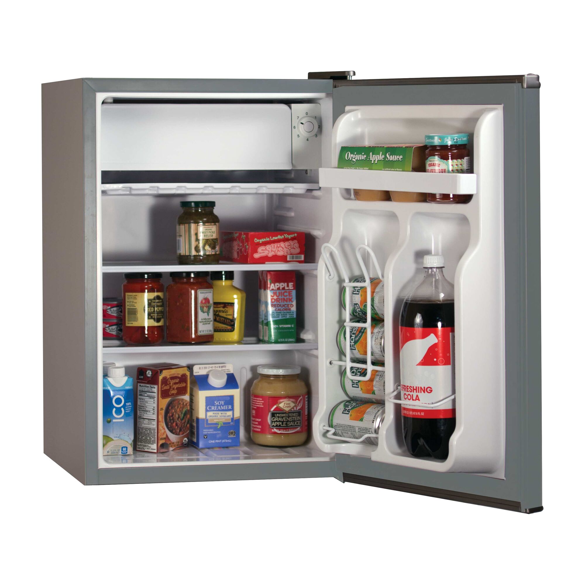 Profile of open 2.5 Cubic feet energy star refrigerator with freezer.
