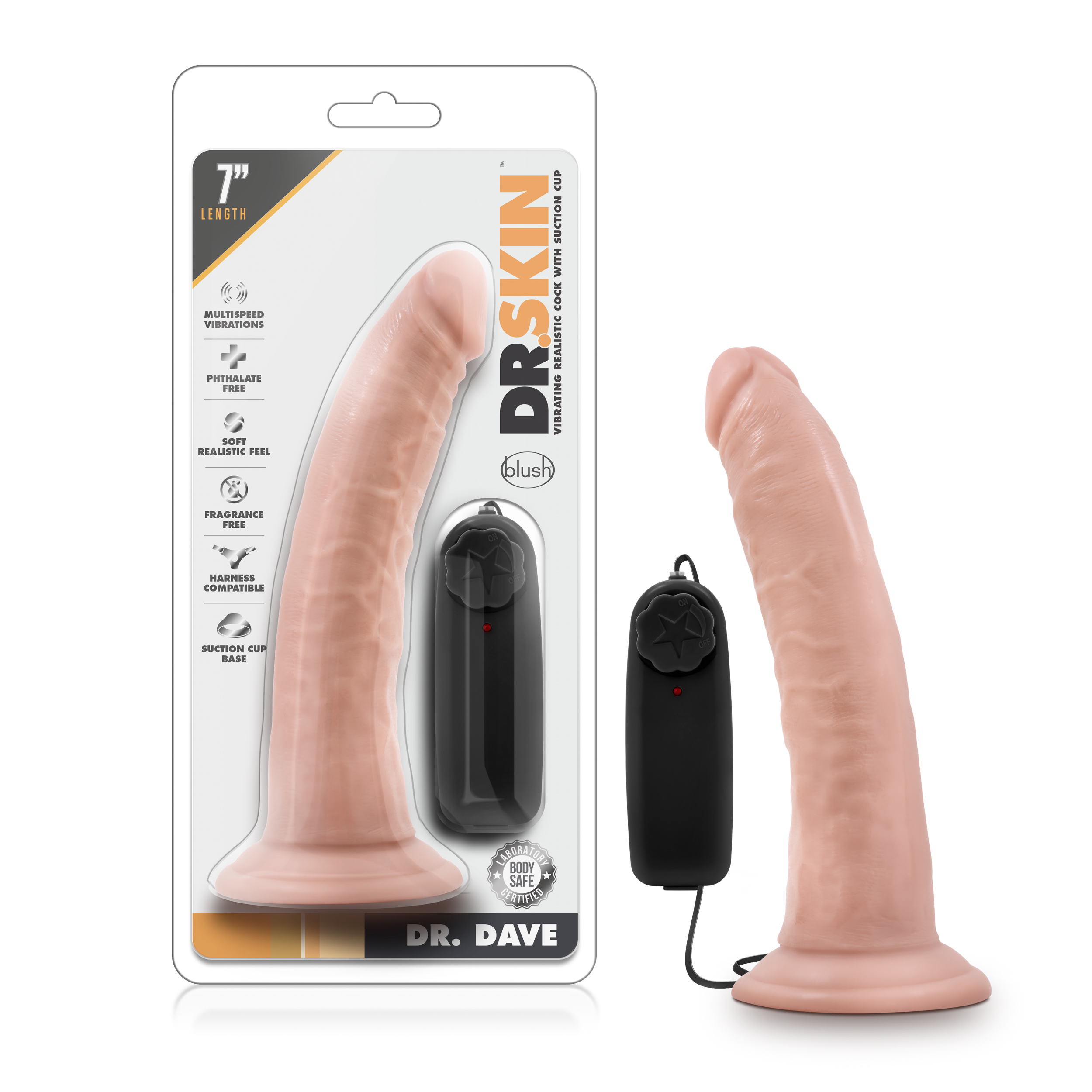 Blush Dr. Skin Dr. Dave Realistic Vanilla 7.5-Inch Long Remote Control Vibrating Dildo With Suction Cup Base