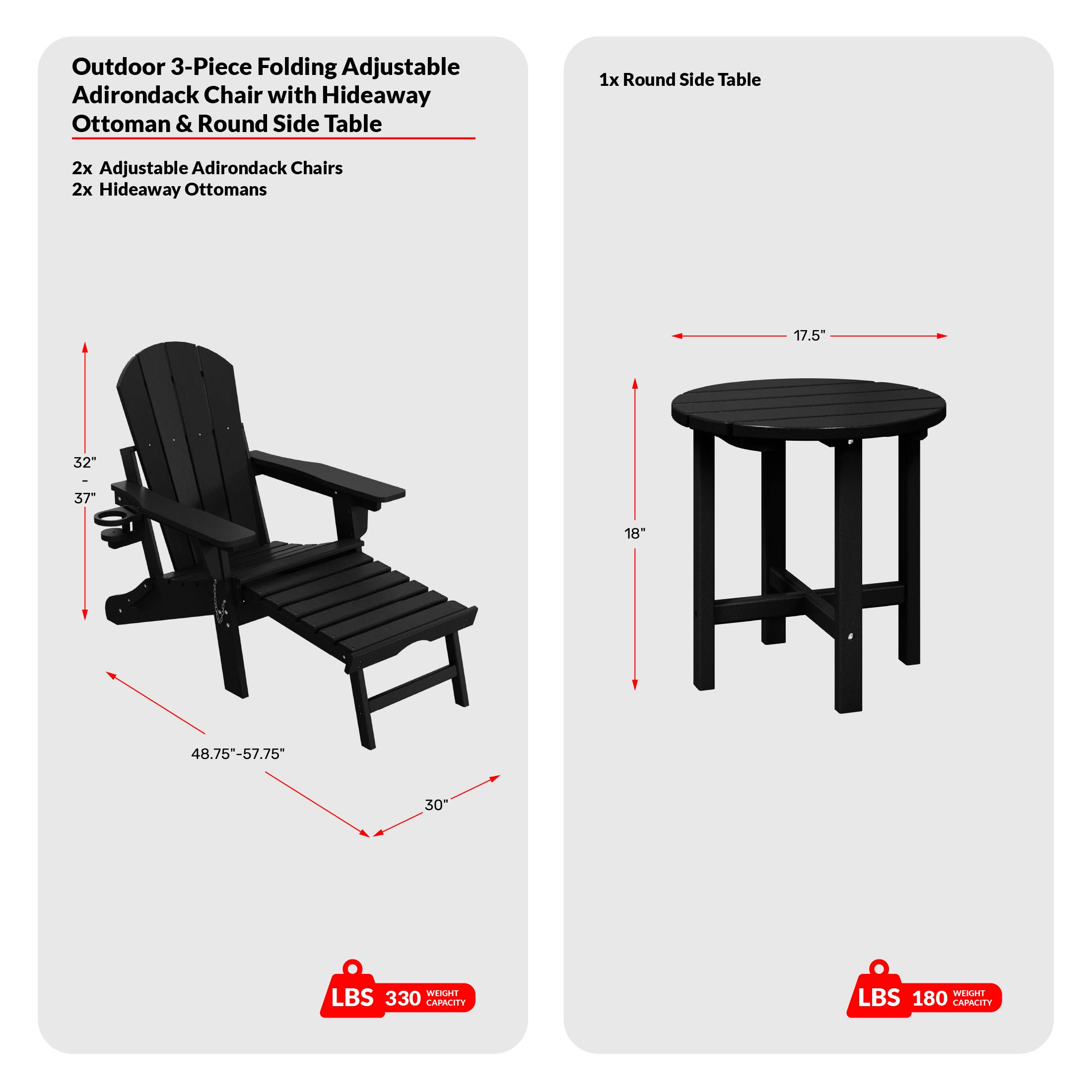 3-Piece Outdoor Folding Adjustable Adirondack Chair with Cup Holder & Hideaway Ottoman and 18