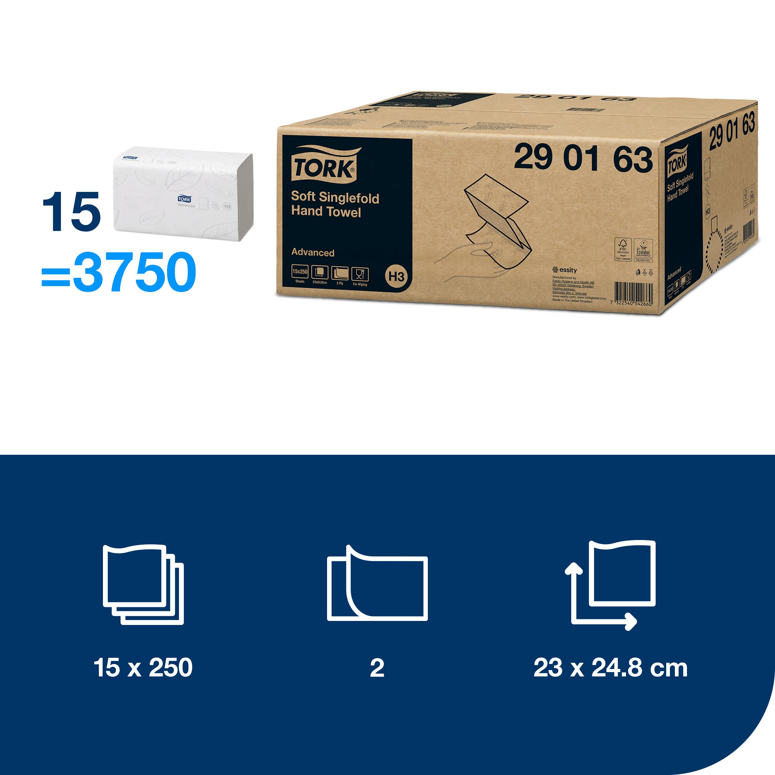 Håndklædeark, 2 lag, Singelfold, 3750 ark, Tork Advanced H3