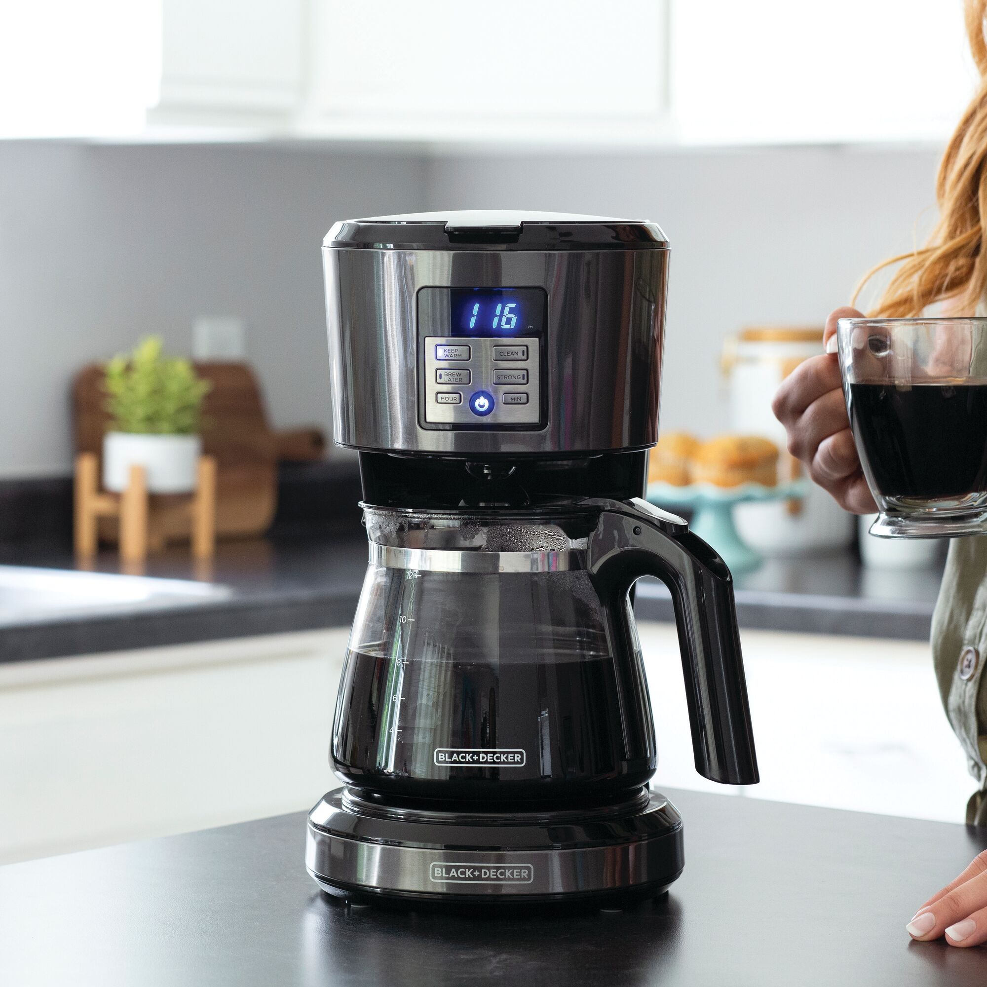 12 cup coffeemaker, programmable, exclusive VORTEX technology being used to brew coffee.