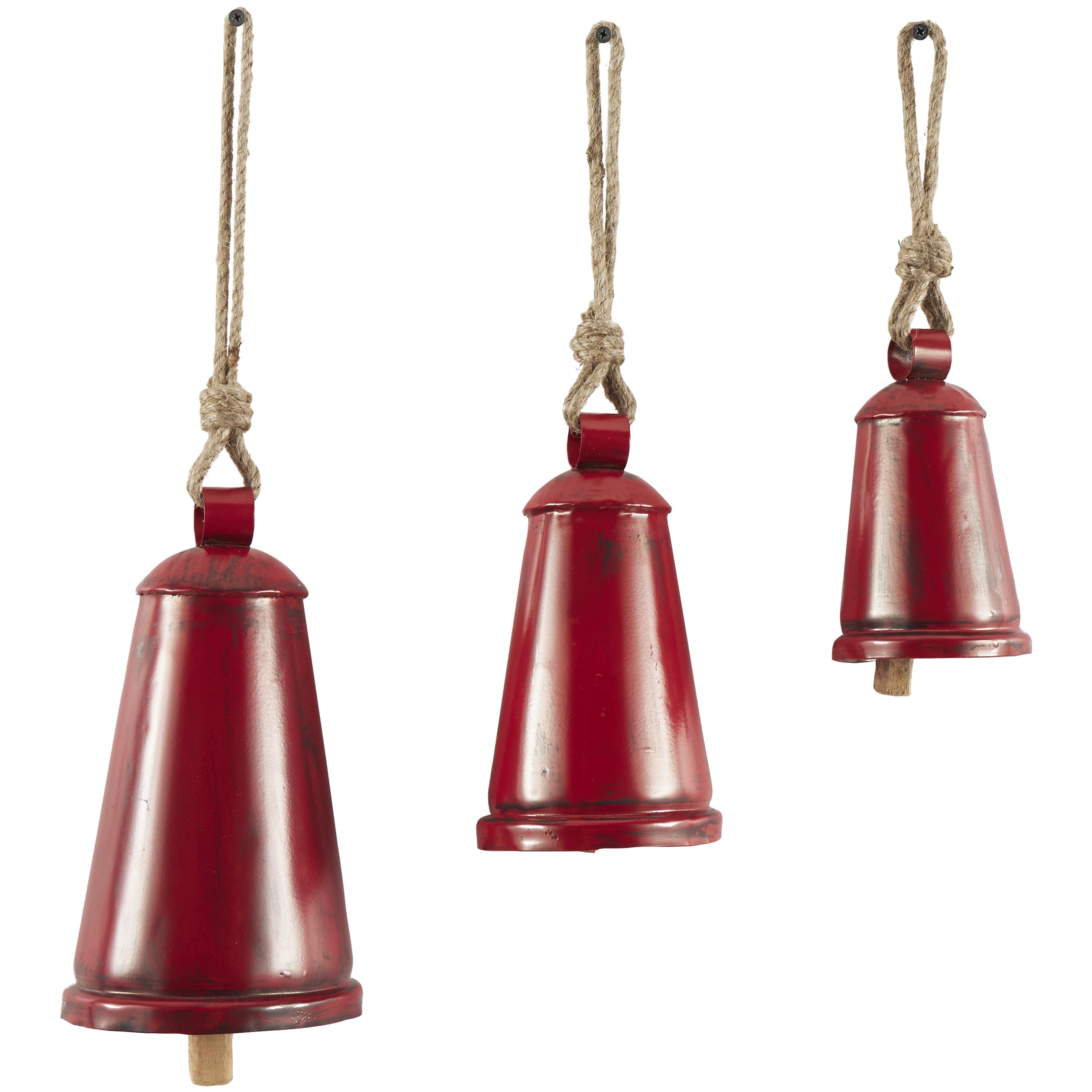 Red Metal  Tibetan Inspired Indoor Outdoor Decorative Cow Bells with Jute Hanging Rope, Set of 3 12",9",6"H