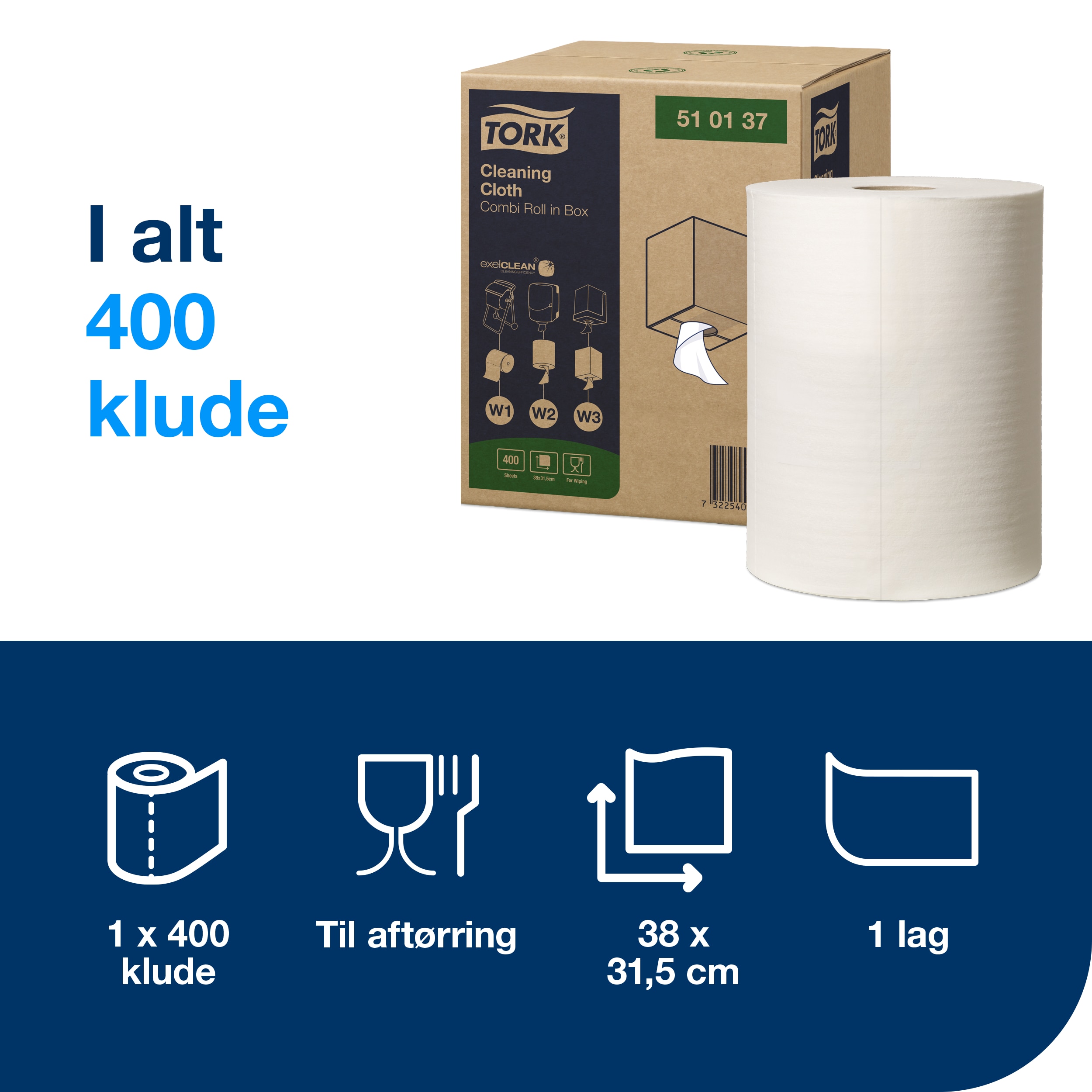 Aftørringsrulle, Udvendig oprulning og centertræk, 1 lag, 1 rulle, Tork Premium W1/W2/W3