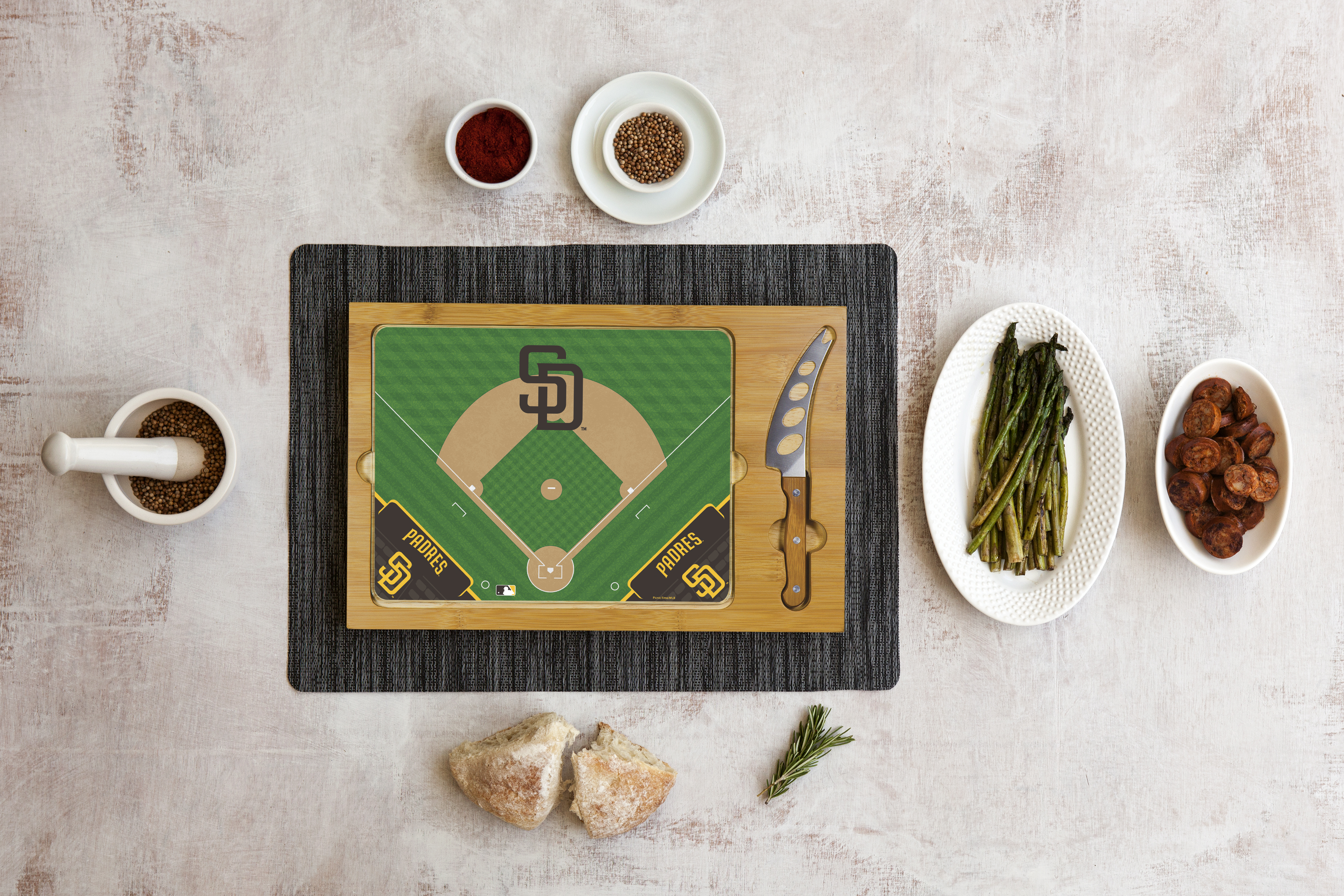 San Diego Padres Baseball Diamond - Icon Glass Top Cutting Board & Knife Set