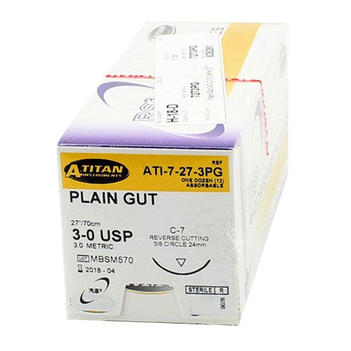 Plain Gut Sutures, 3-0, C-7, Reverse Cutting, 27"