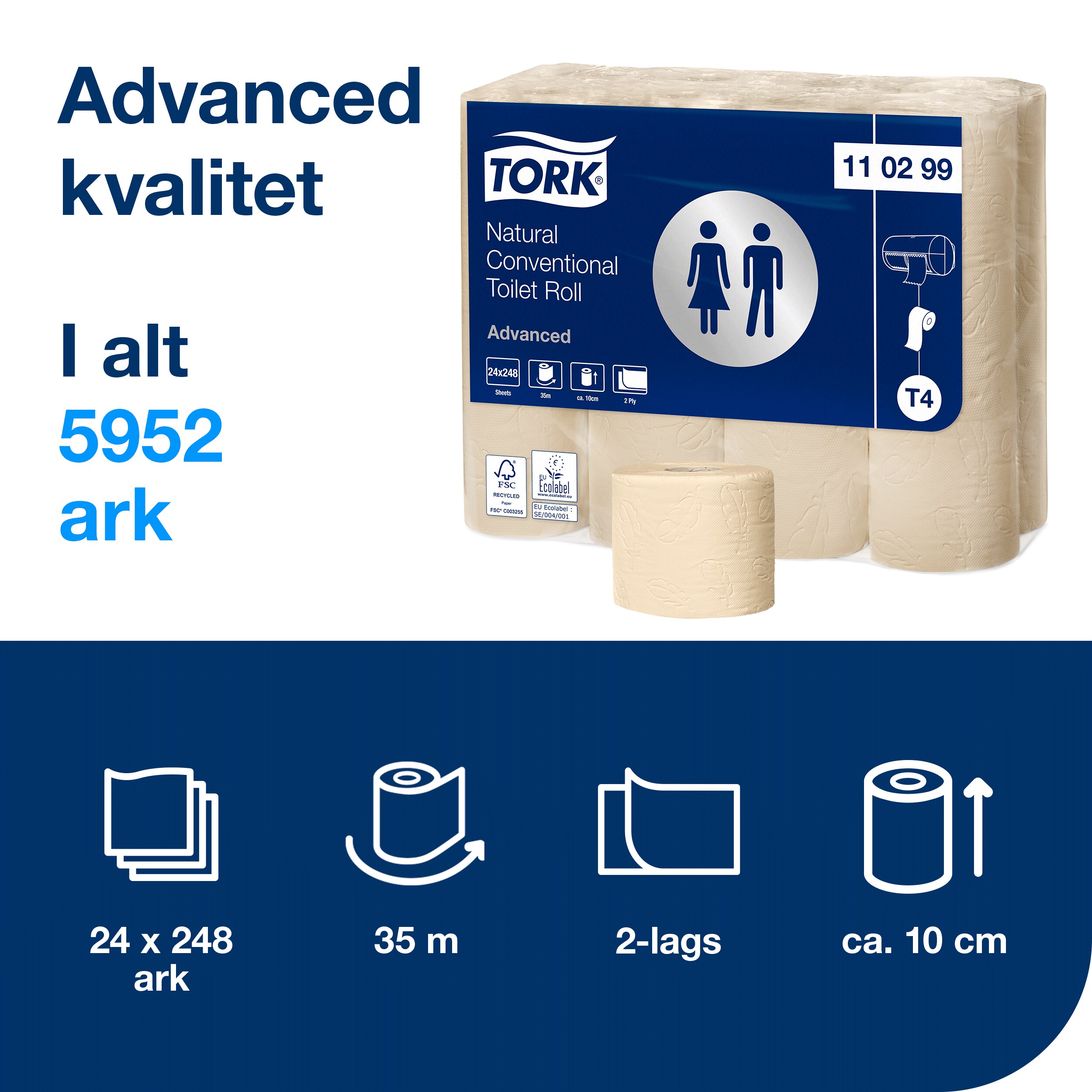 Toiletpapir, Udvendig oprulning, 2 lag, 24 ruller, Tork Advanced T4