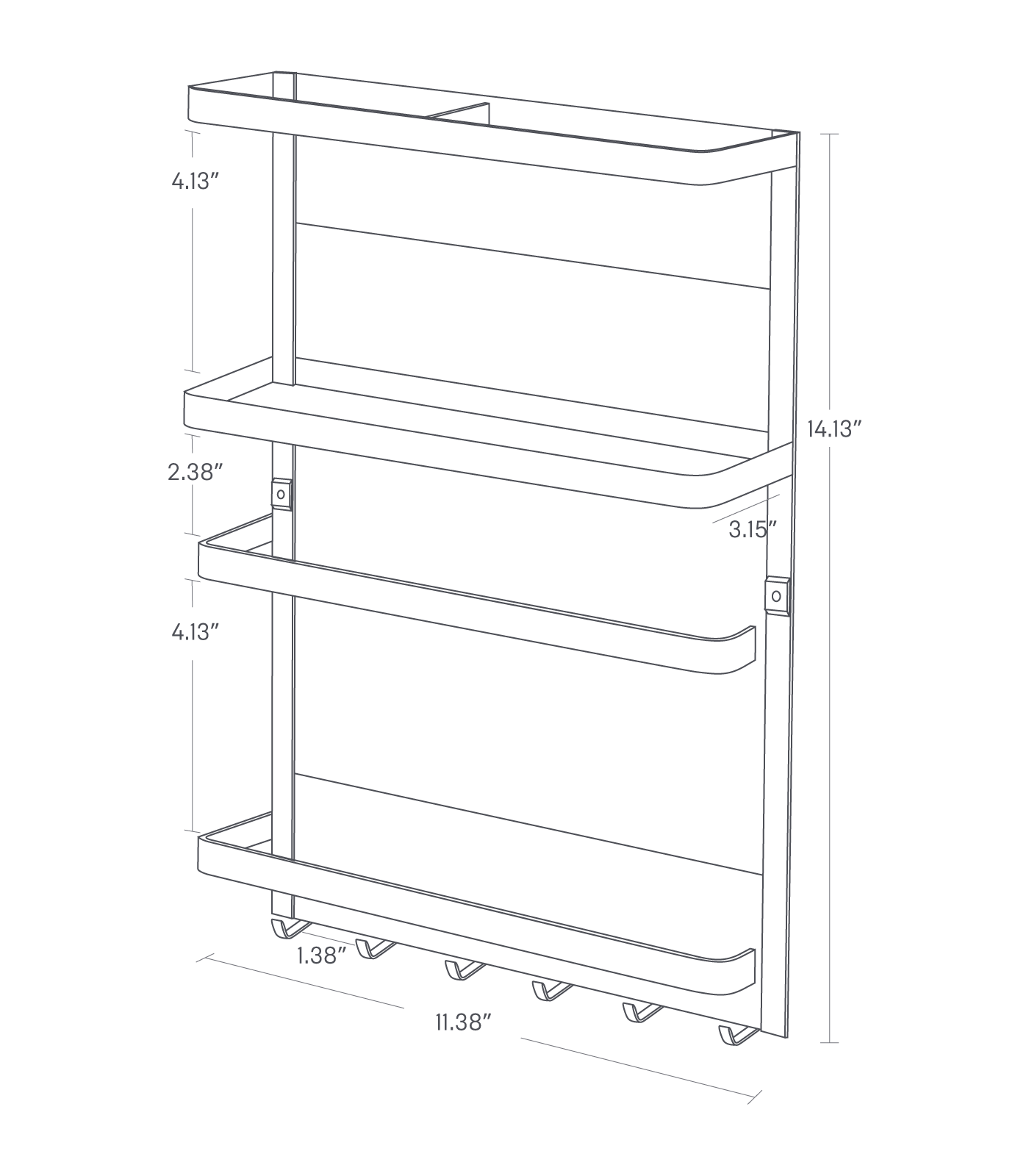 Dimension image for Magnetic Kitchen Organizer showing total height of 14.13", length of ", width of 3.15". from the left side to the middle bar width of 6.46" and from the middle bar to the right bar of 4.88", 4.13" between the top bar and the second bar, 2.38" between the second bar and the third bar, 4.13" between the third bar and the bottom bar, 1.38" between hooks