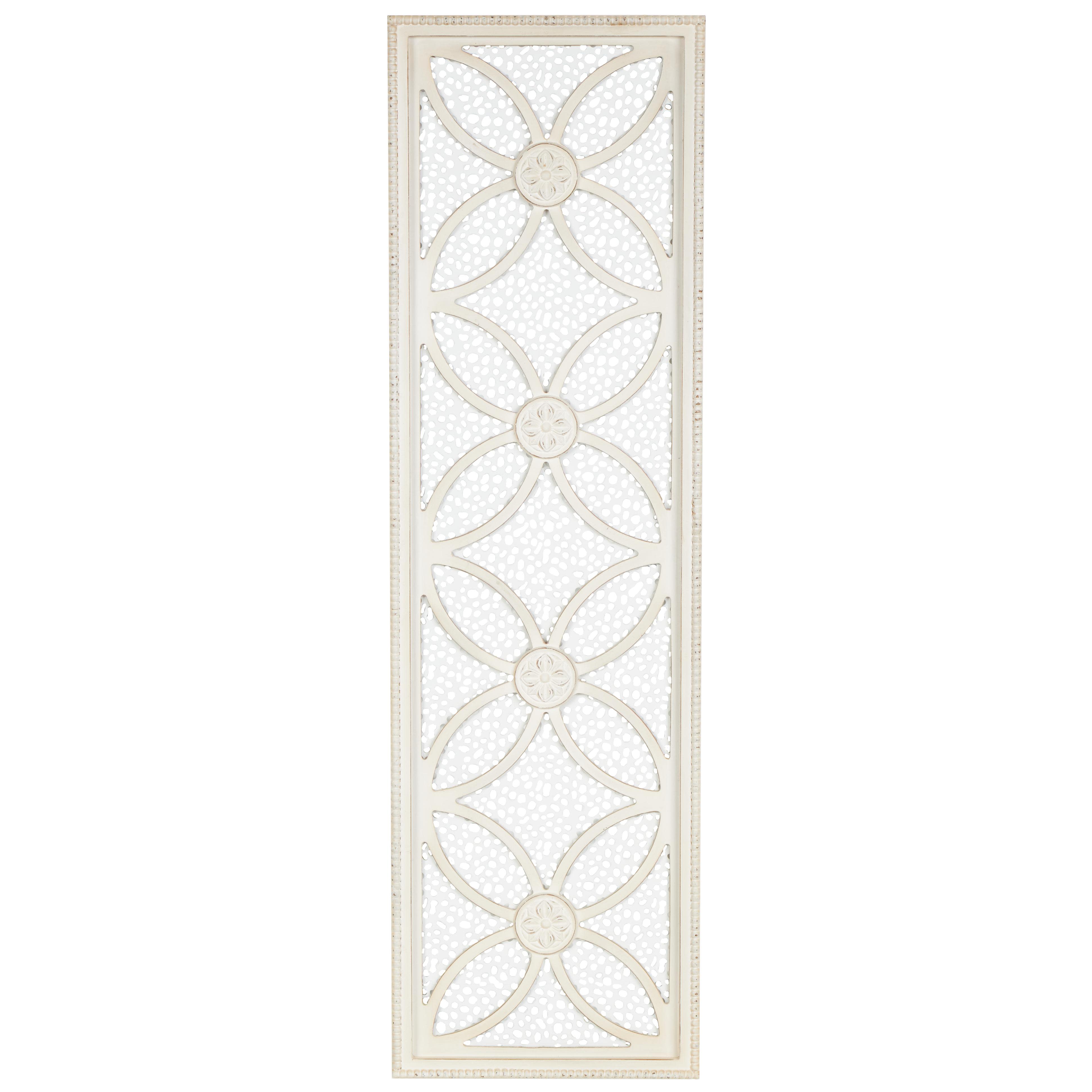 White Wooden Floral Panel Home Wall Decor with Cutout Metal Backing and Beaded Frame, 13" x 2" x 44"