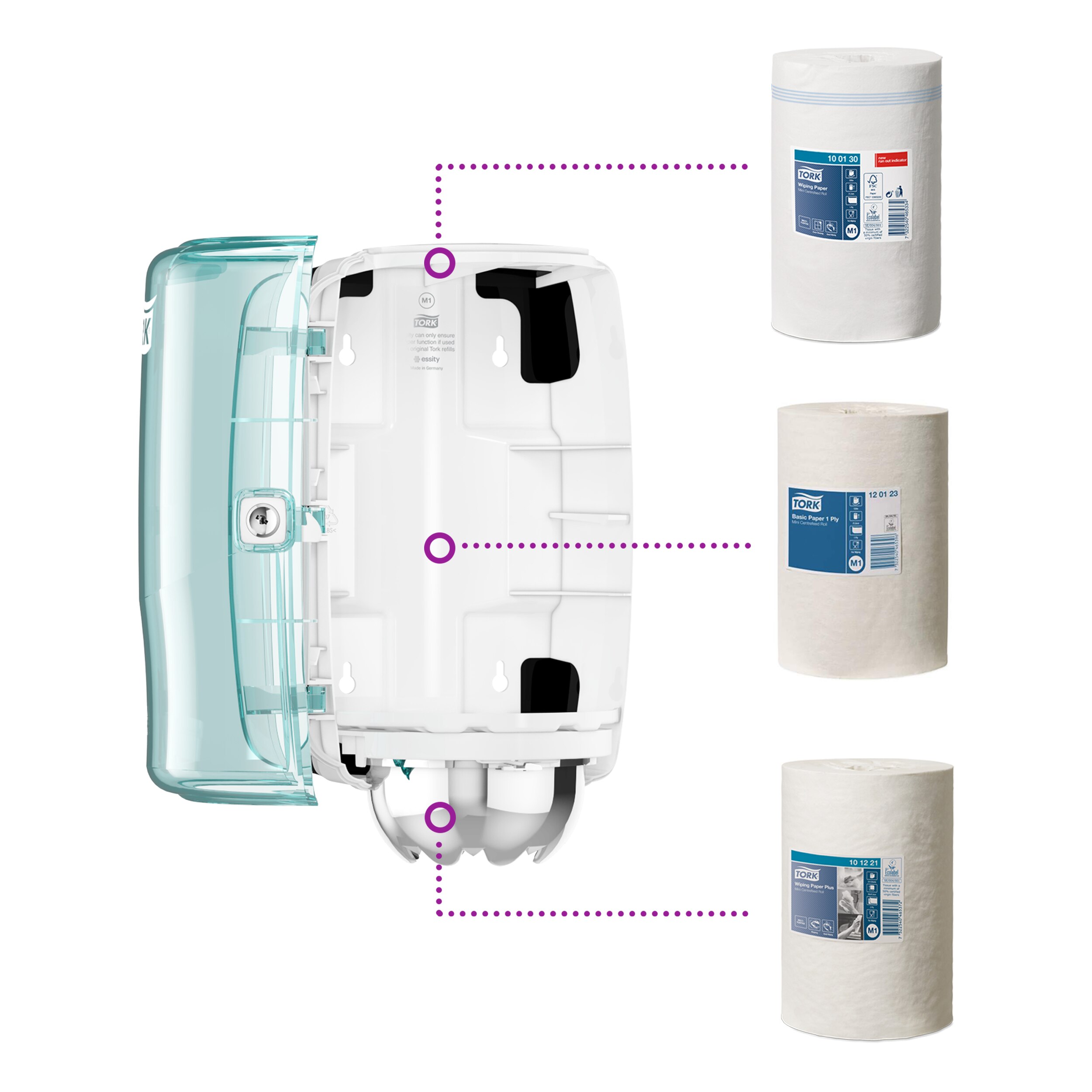 Aftørringsdispenser, Til aftørringsruller, Centerfeed, Turkis-Hvid, Tork Mini M1