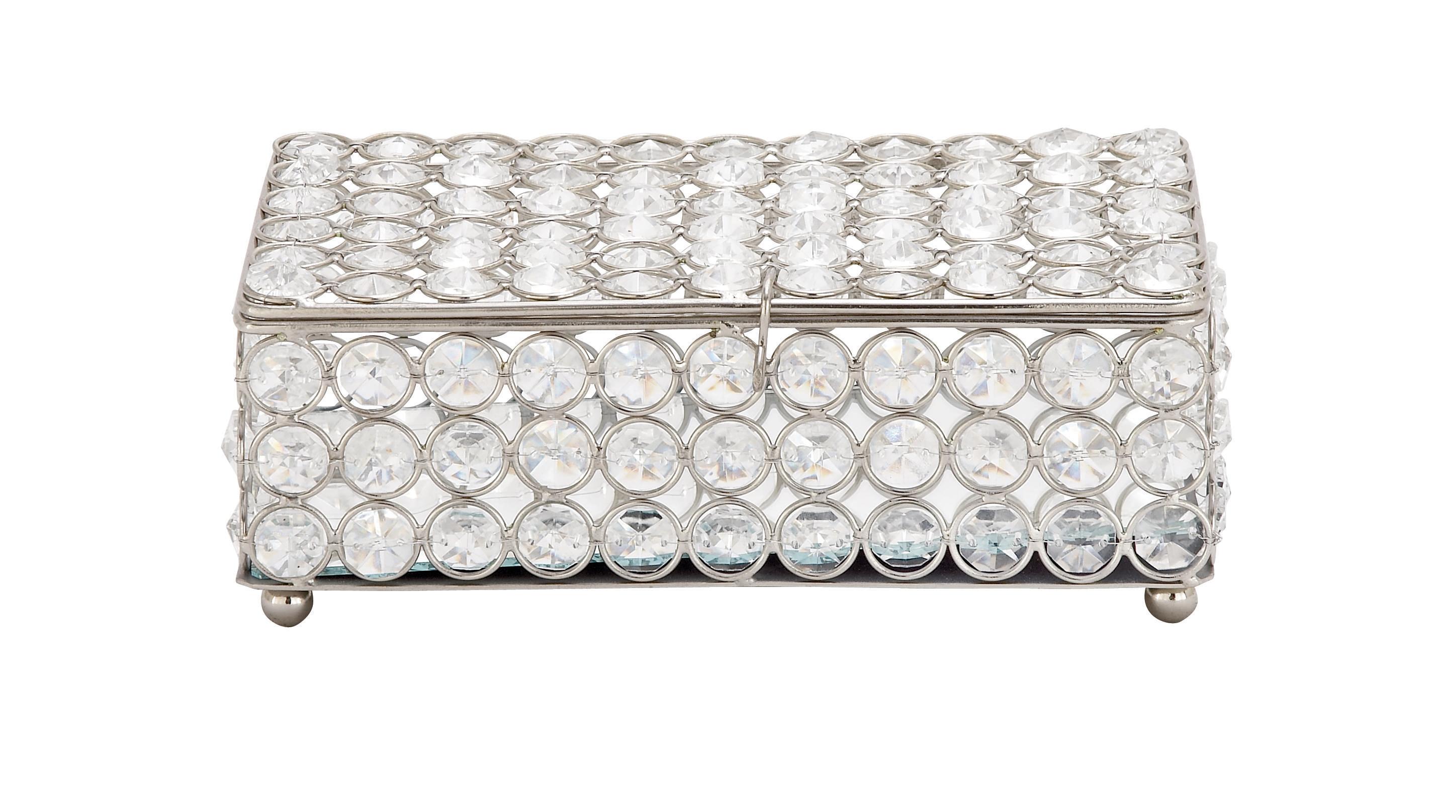Silver Metal  Decorative Jewelry Box with Crystal Accents, 8" x 4" x 3"