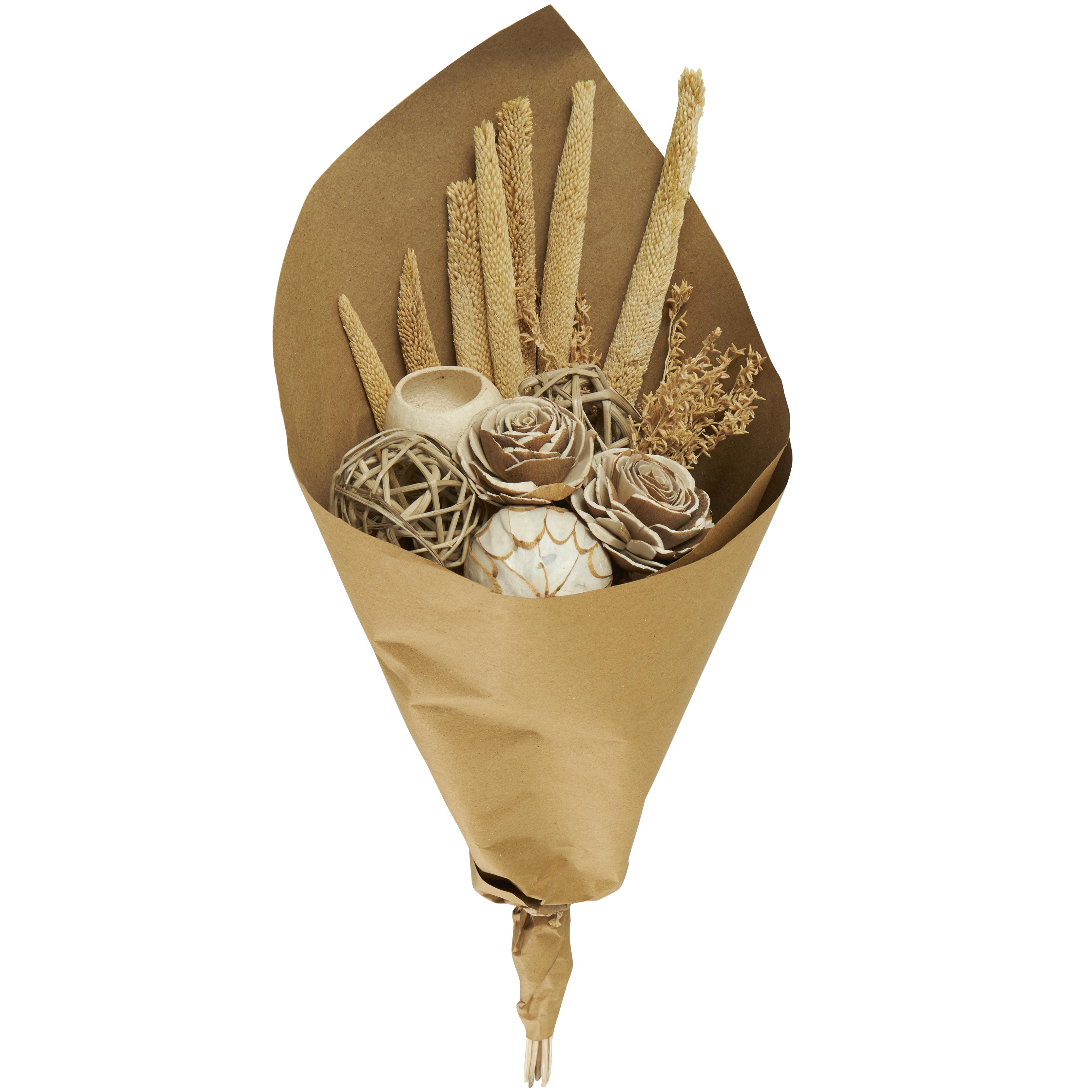 Brown Dried Plant Cattail Handmade Floral Wheat Grass Bouquet Home Decor Natural Foliage with Deco Ball Accents, 8" x 7" x 23" set of 8