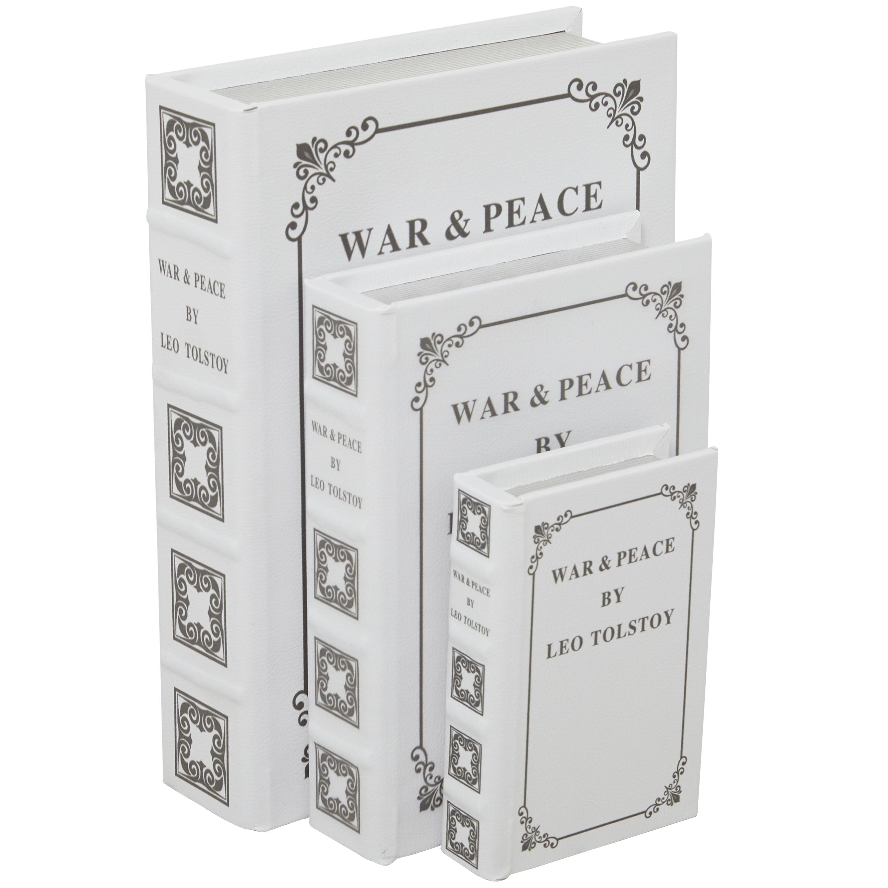 6 set White Faux Leather Scroll \"War and Peace\" Faux Book Storage Decorative Box, Set of 3 12\", 9\", 7\"H