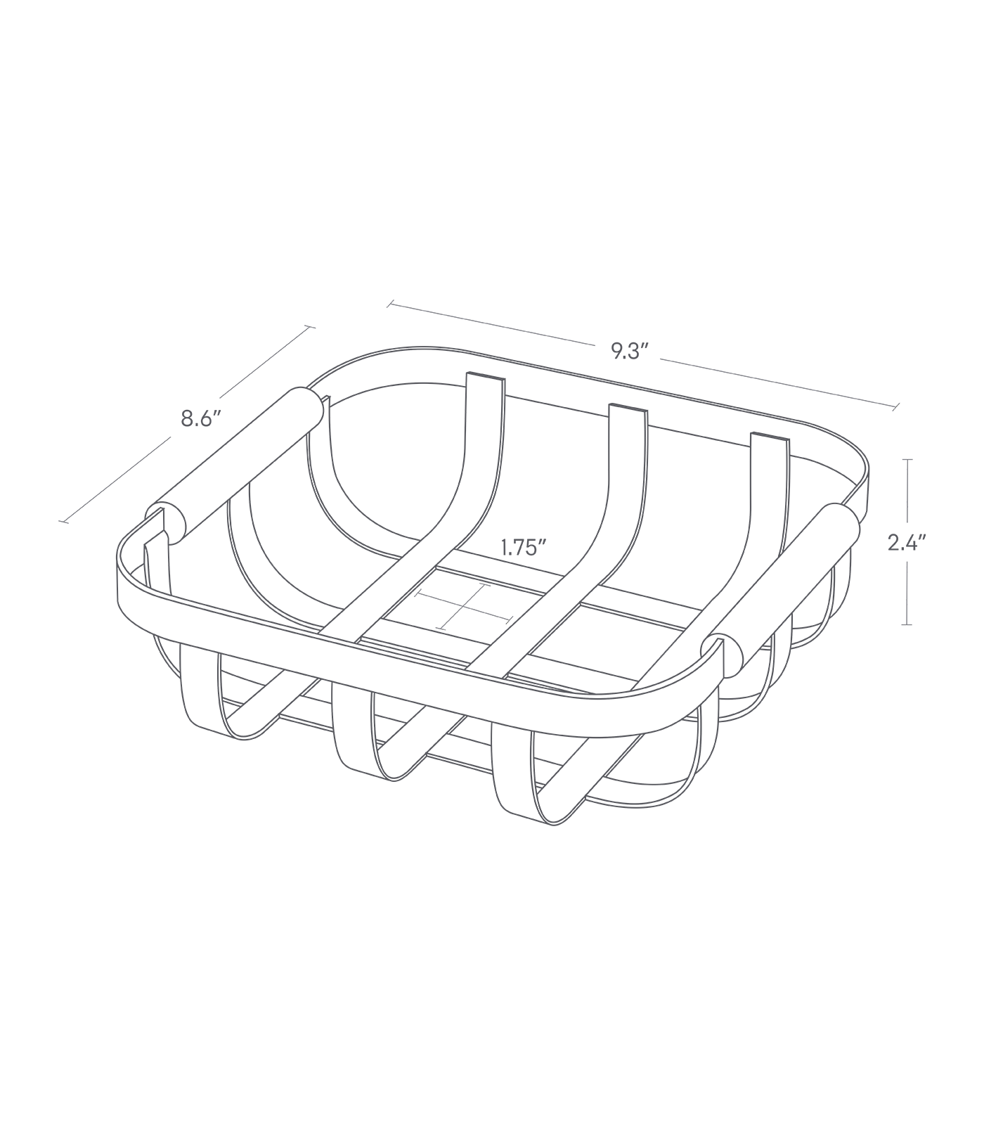 Dimension image for Fruit Basket showing total height of 2.4", length of 8.6", width of 9.3" and 1.75" between the wires.