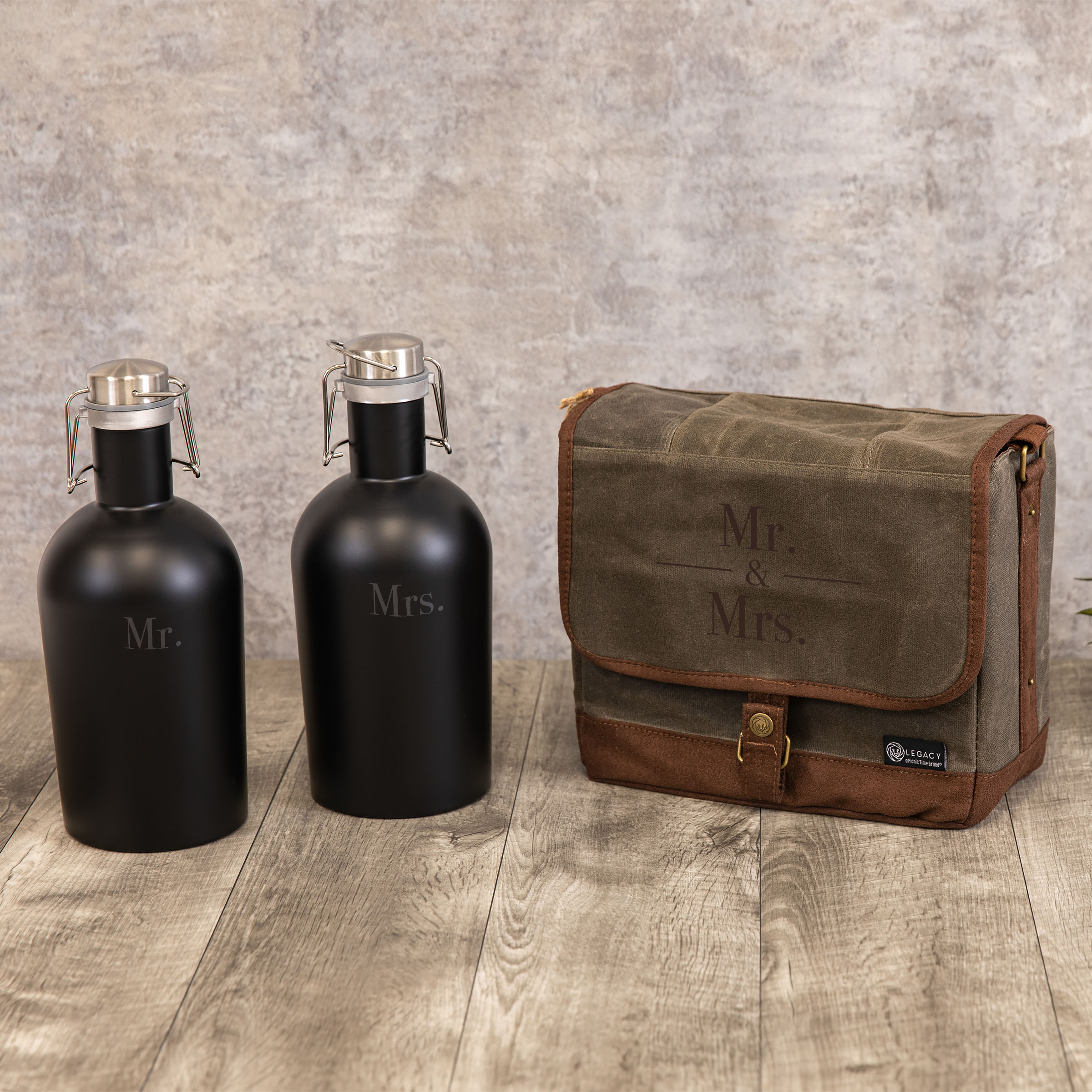 Mr/Mrs - Wedding/Anniversary - Double Growler Tote with Growlers Gift Set
