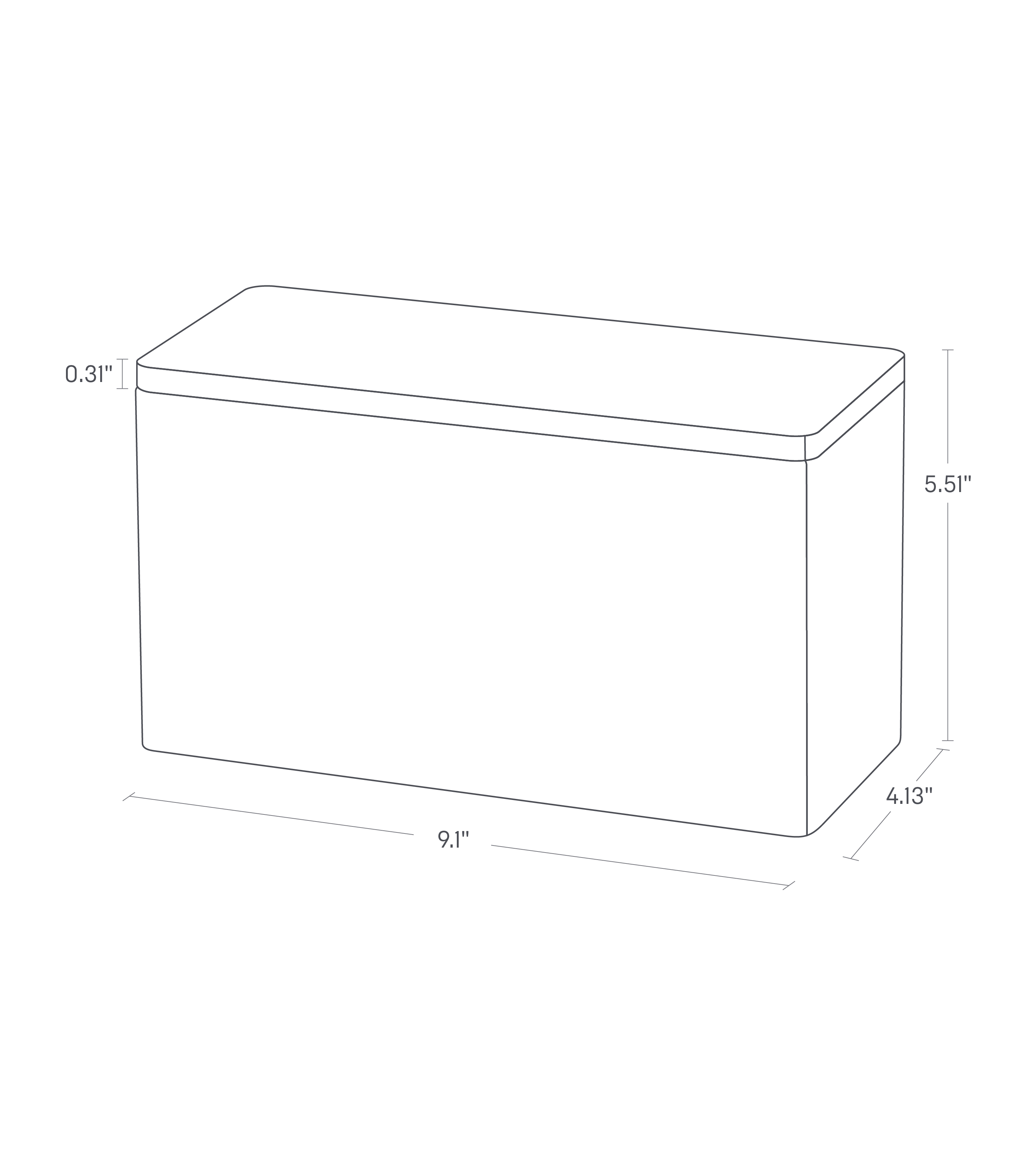 Dimension image for Countertop Organizeron a white background showinglength of 9.1", width of 4.13", height of 5.51". The lid has a thickness of 0.31".