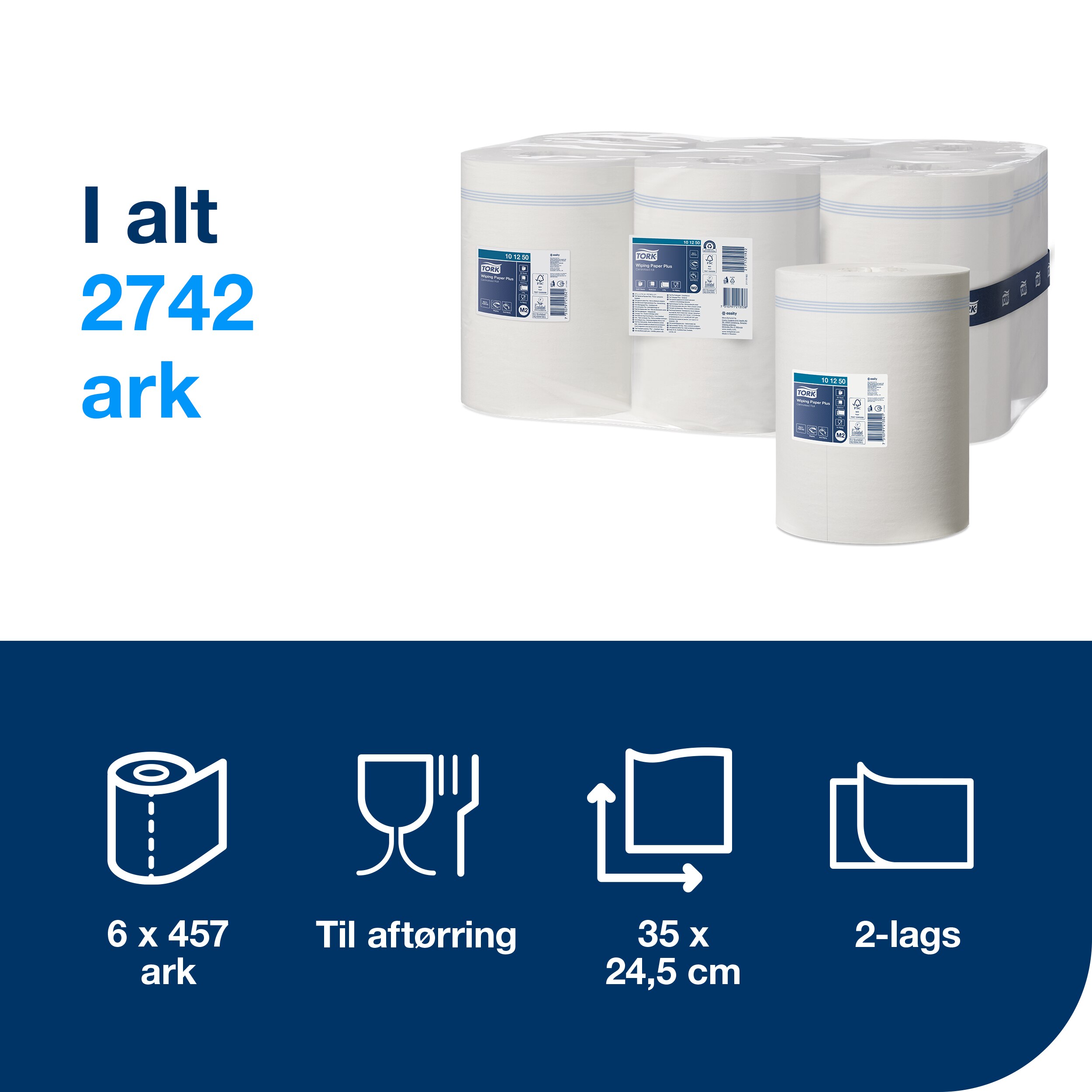 Aftørringsrulle, Centertræk, 2 lag, 6 ruller, Tork Plus Midi M2