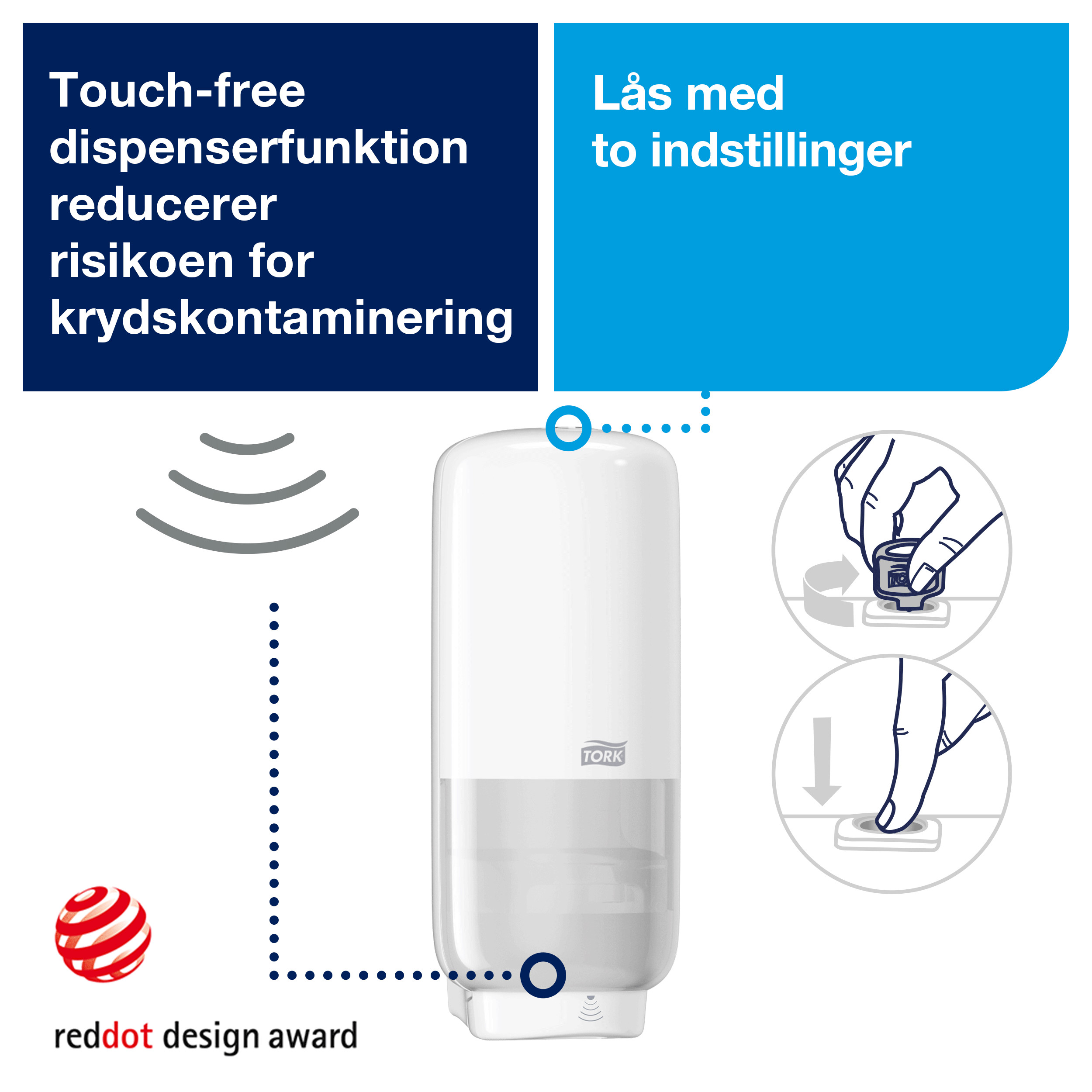 Dispenser, Til sæbe og hånddesinfektion, Sensor, Hvid, 1000 ml refill, Tork S4
