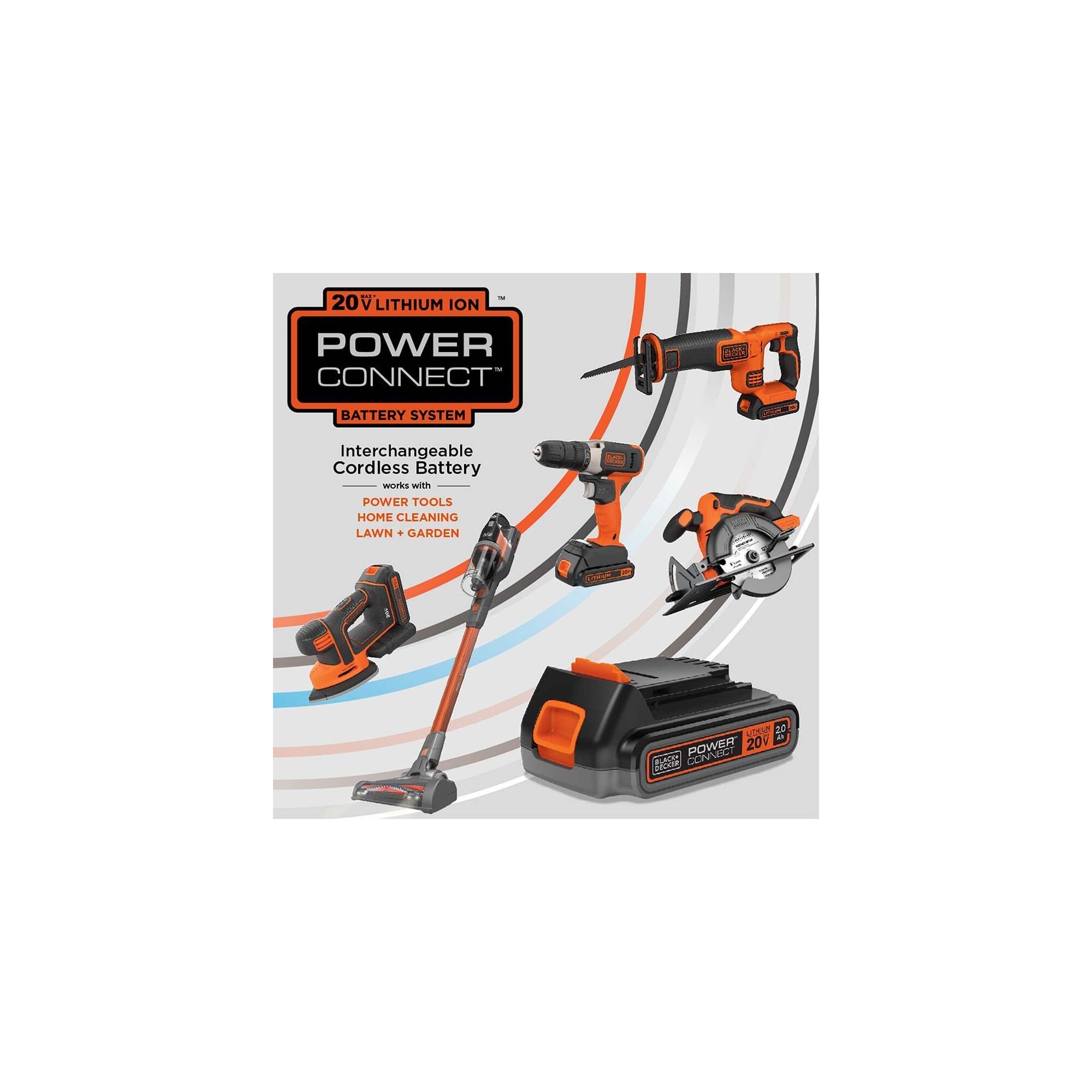 Assortment of BLACK+DECKER Powerconnect tools grouped together