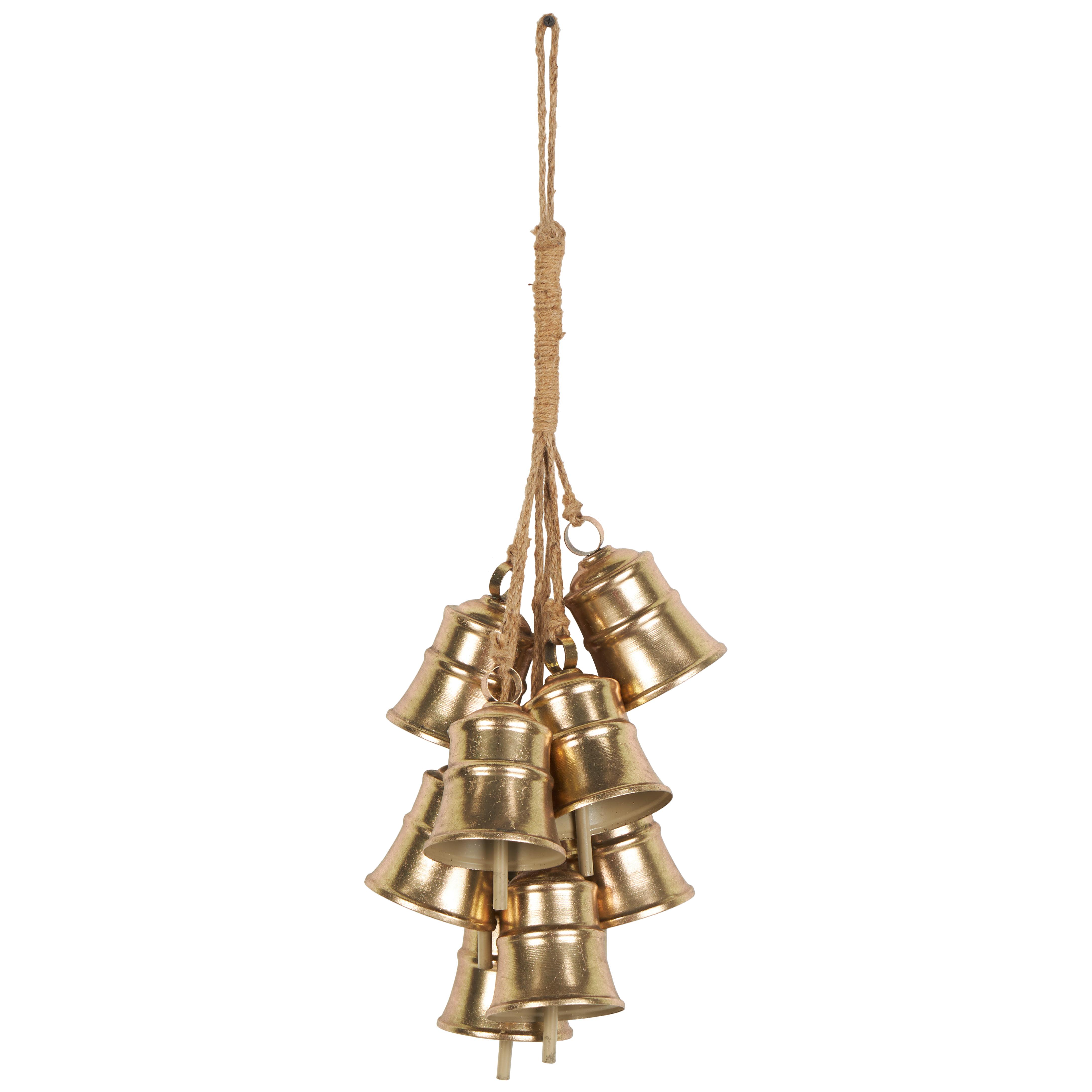 Gold Metal  Cascading Cluster Indoor Outdoor Decorative Bells with Jute Hanging Rope, 10" x 9" x 25"