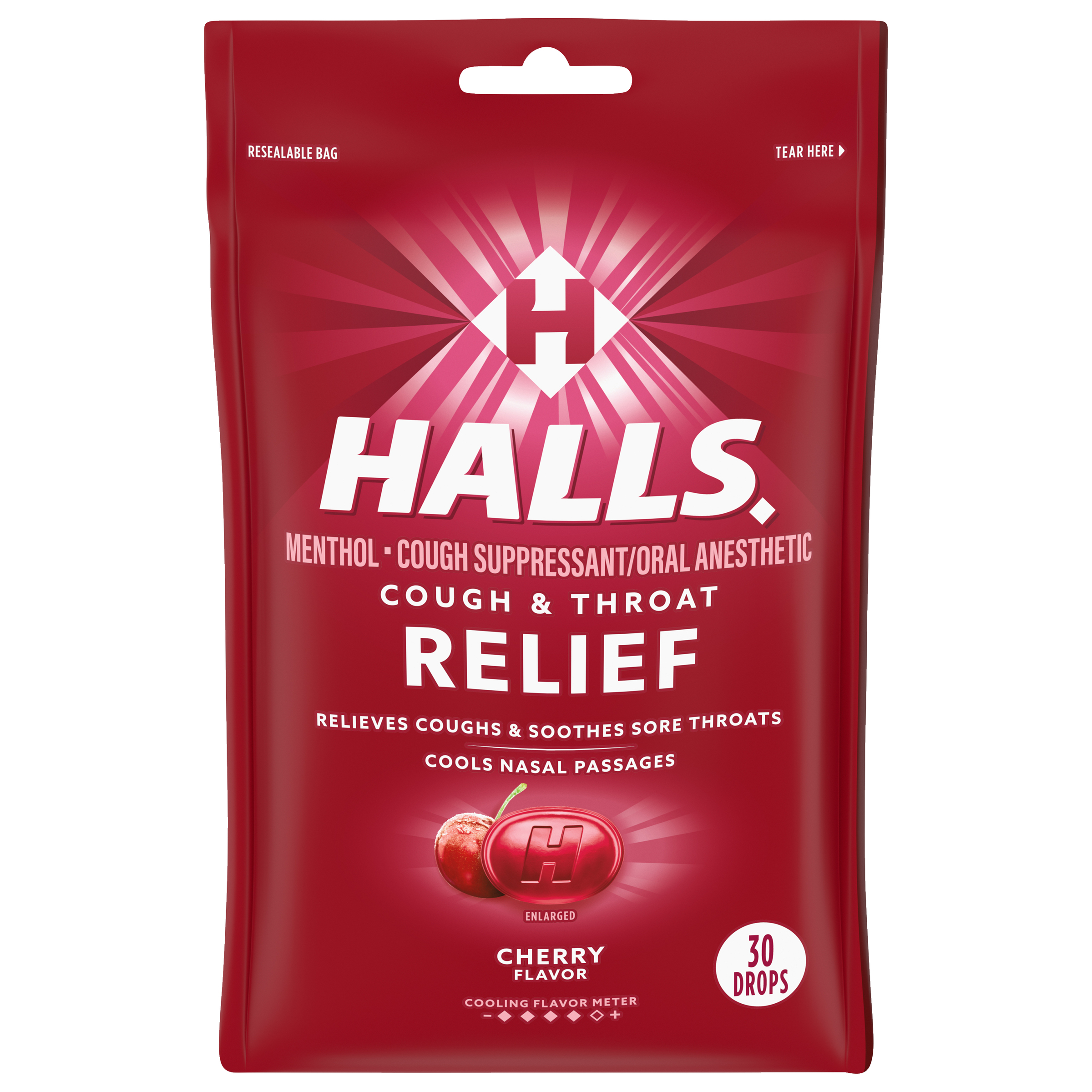 HALLS Cherry Flavor Cough Drops Bag 30PCS 4x12