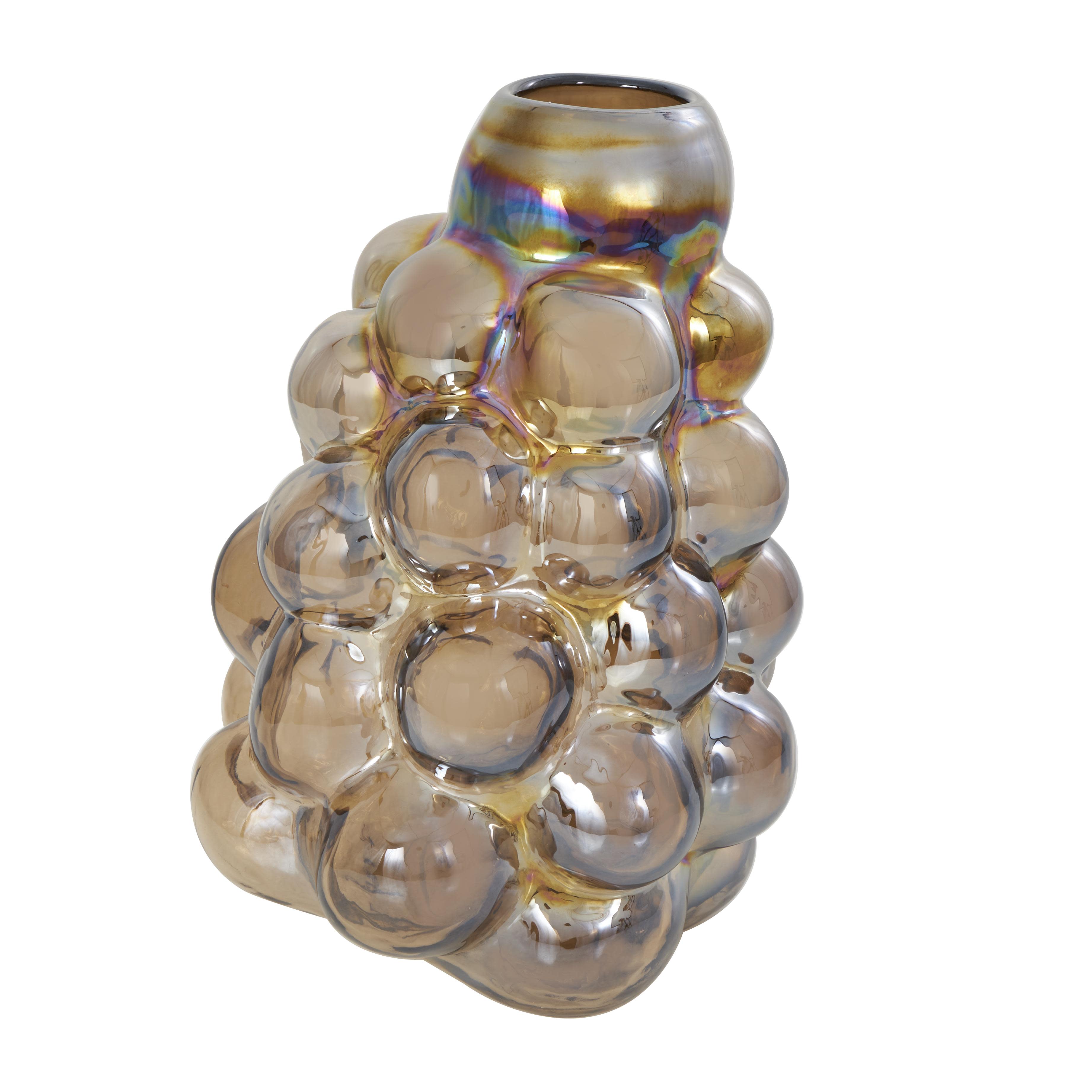 Brown Glass  Handmade Abstract Iridescent Bubble Decorative Vase, 9" x 9" x 12"