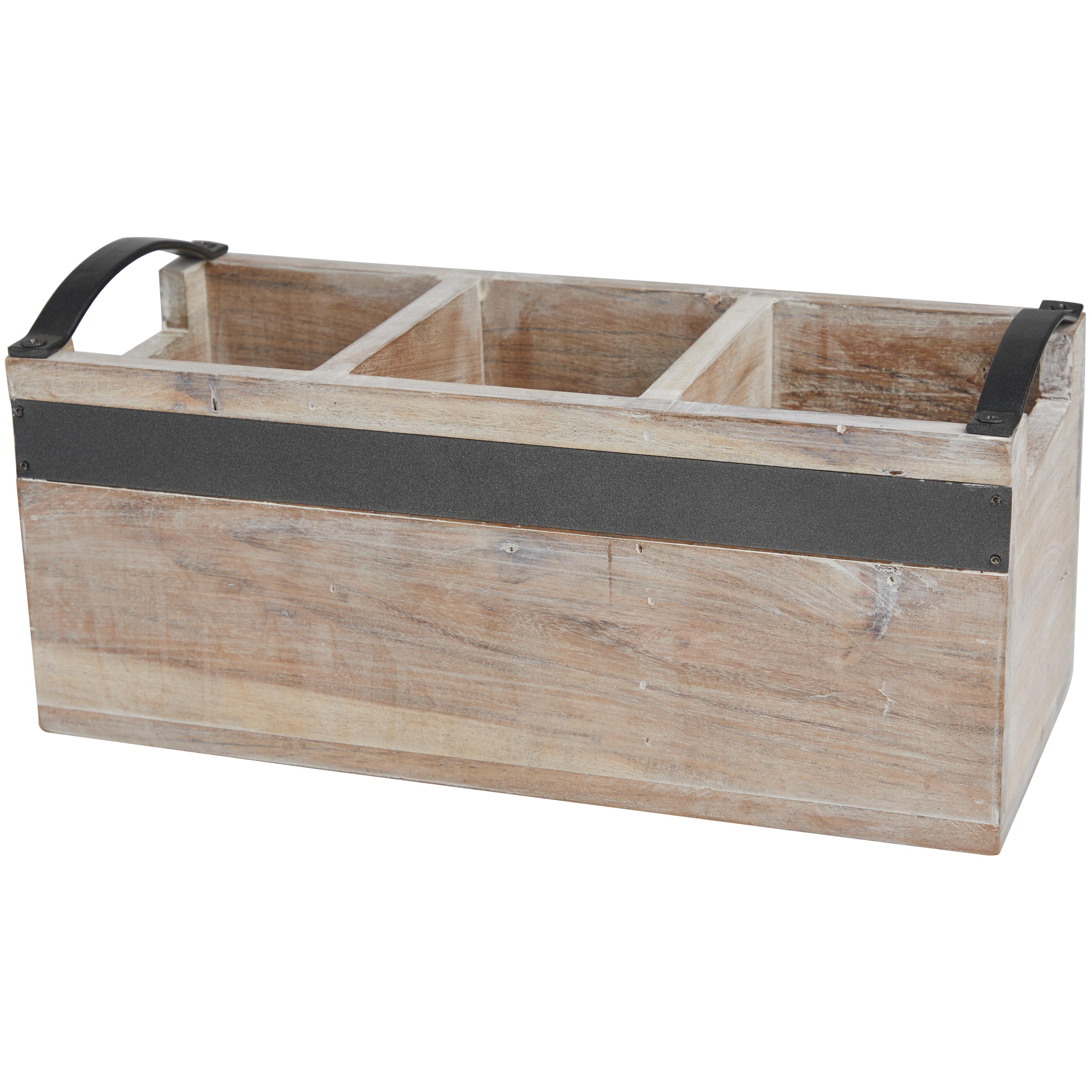 Beige Mango Wood  3 Section Living Room Decor Tray with Black Metal Handles, 12" x 5" x 5"
