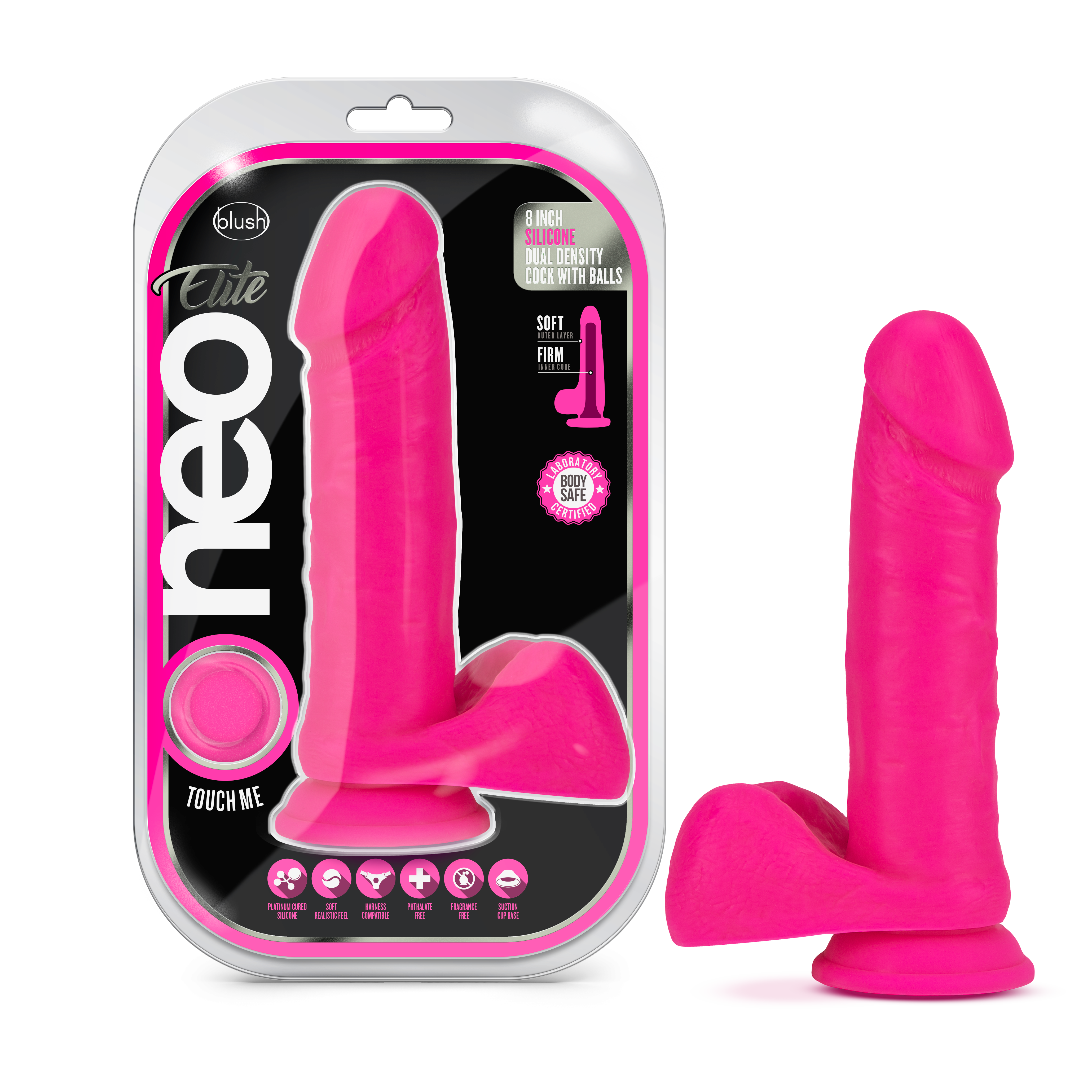 Blush Neo Elite? / Neon Pink: 8-Inch Long Dildo - Made with Purio? Silicone & SensaFeel? Dual Density Realistic Technology