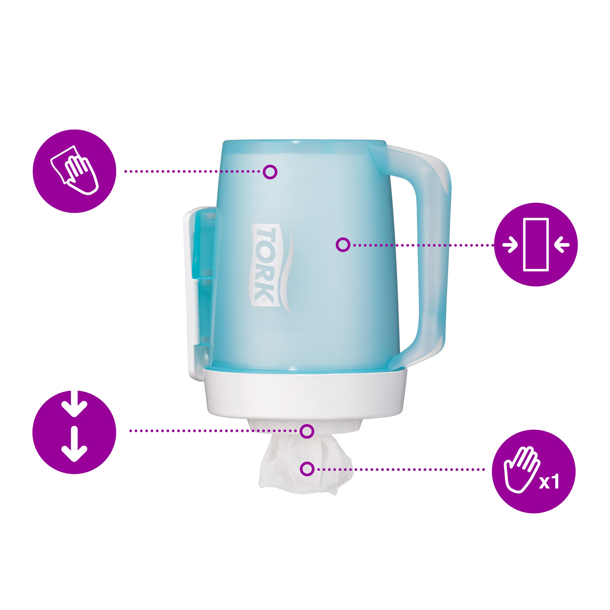 Aftørringsdispenser, Til aftørringsruller, Centerfeed, Turkis-hvid, Tork Mini Transportabel M1