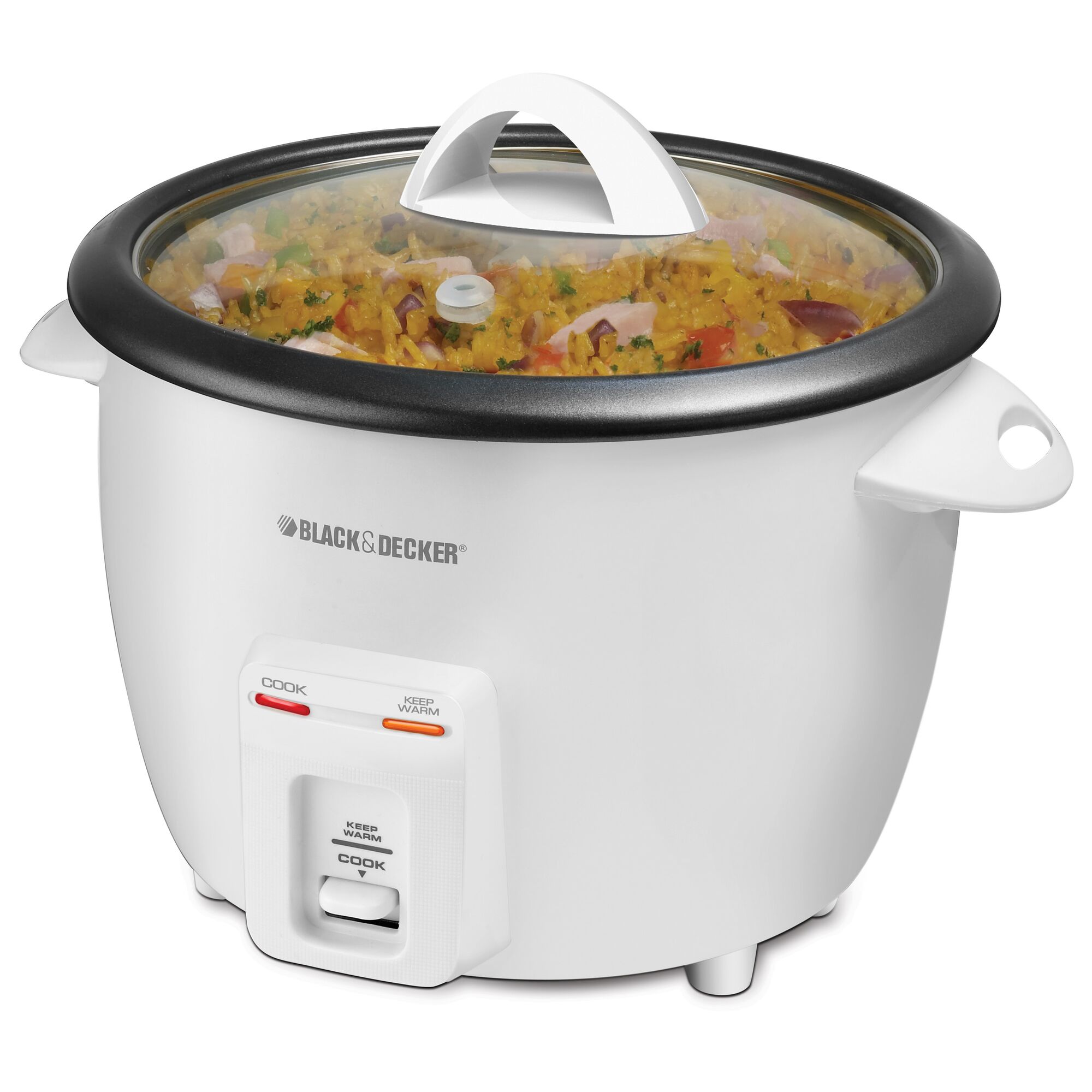 Yellow rice cooking inside the BLACK+DECKER 14 cup rice cooker