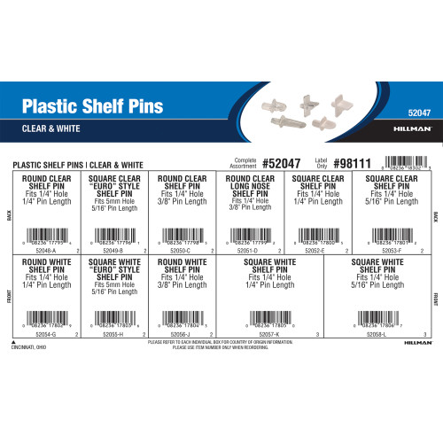 Plastic Shelf Pins Assortment (Clear & White Finishes)