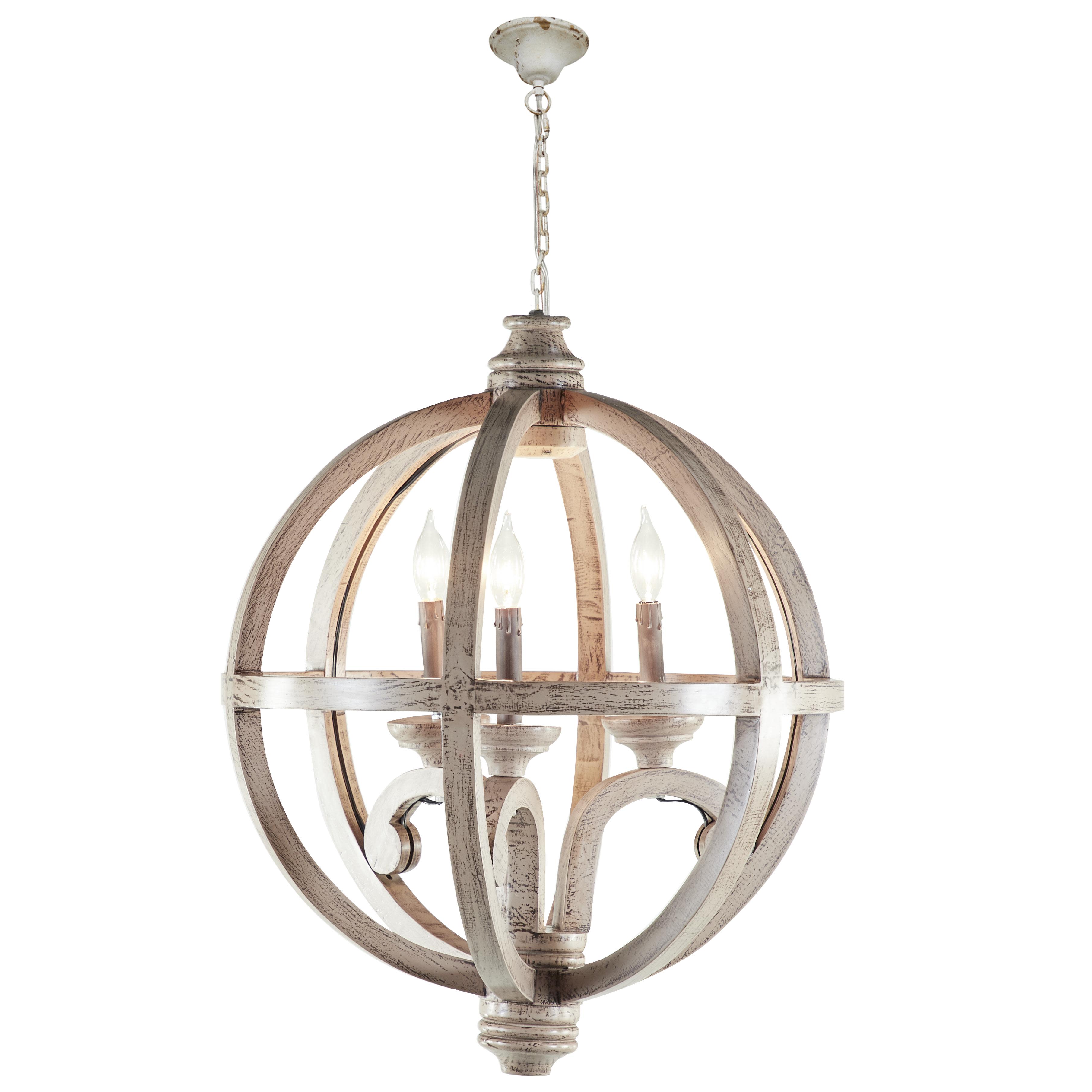 Gold Wood  Caged Style 3 Light Chandelier with Link Style Chain, 21" x 21" x 28"