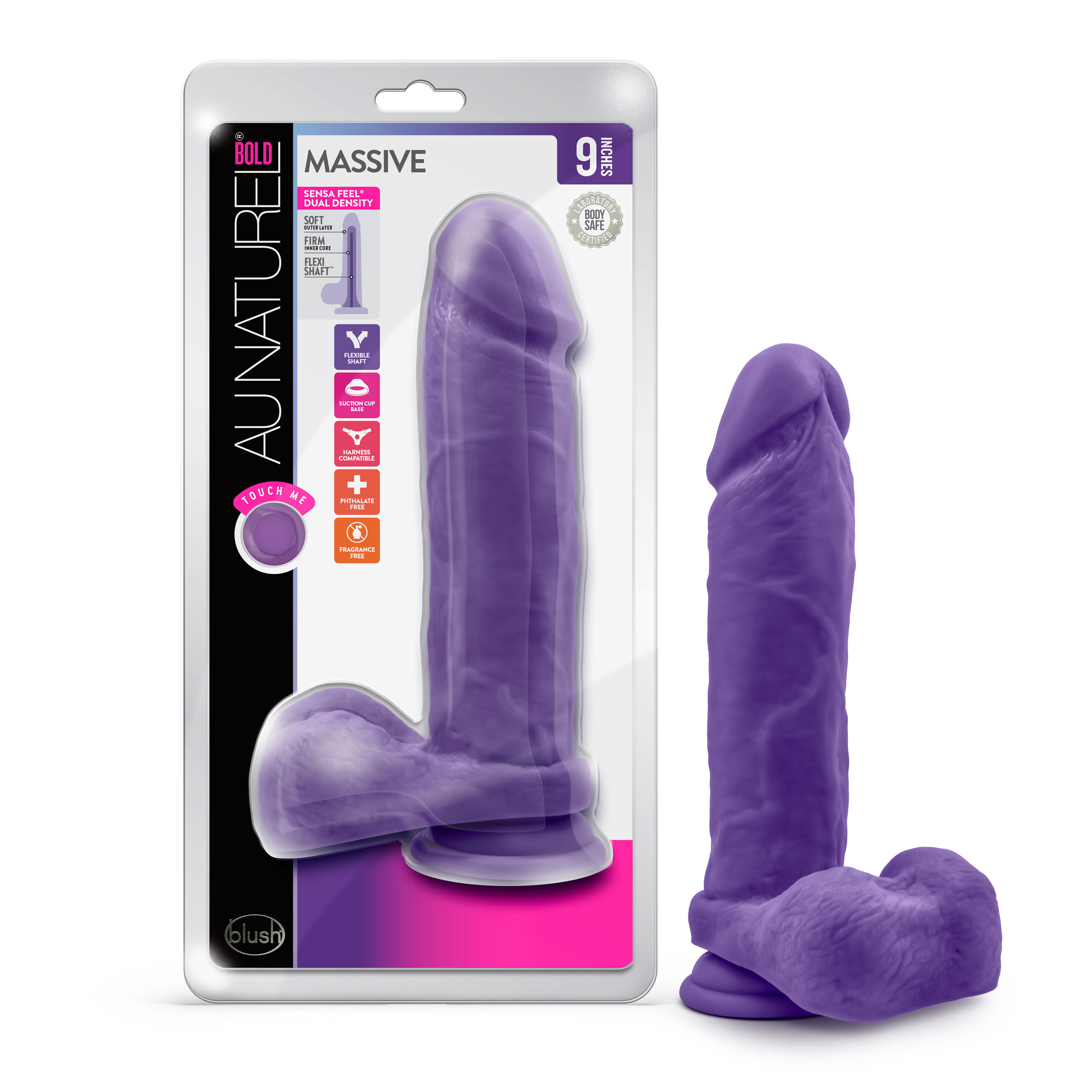 Blush Au Naturel Bold Massive Realistic Purple 9-Inch Long Dildo With Balls & Suction Cup Base