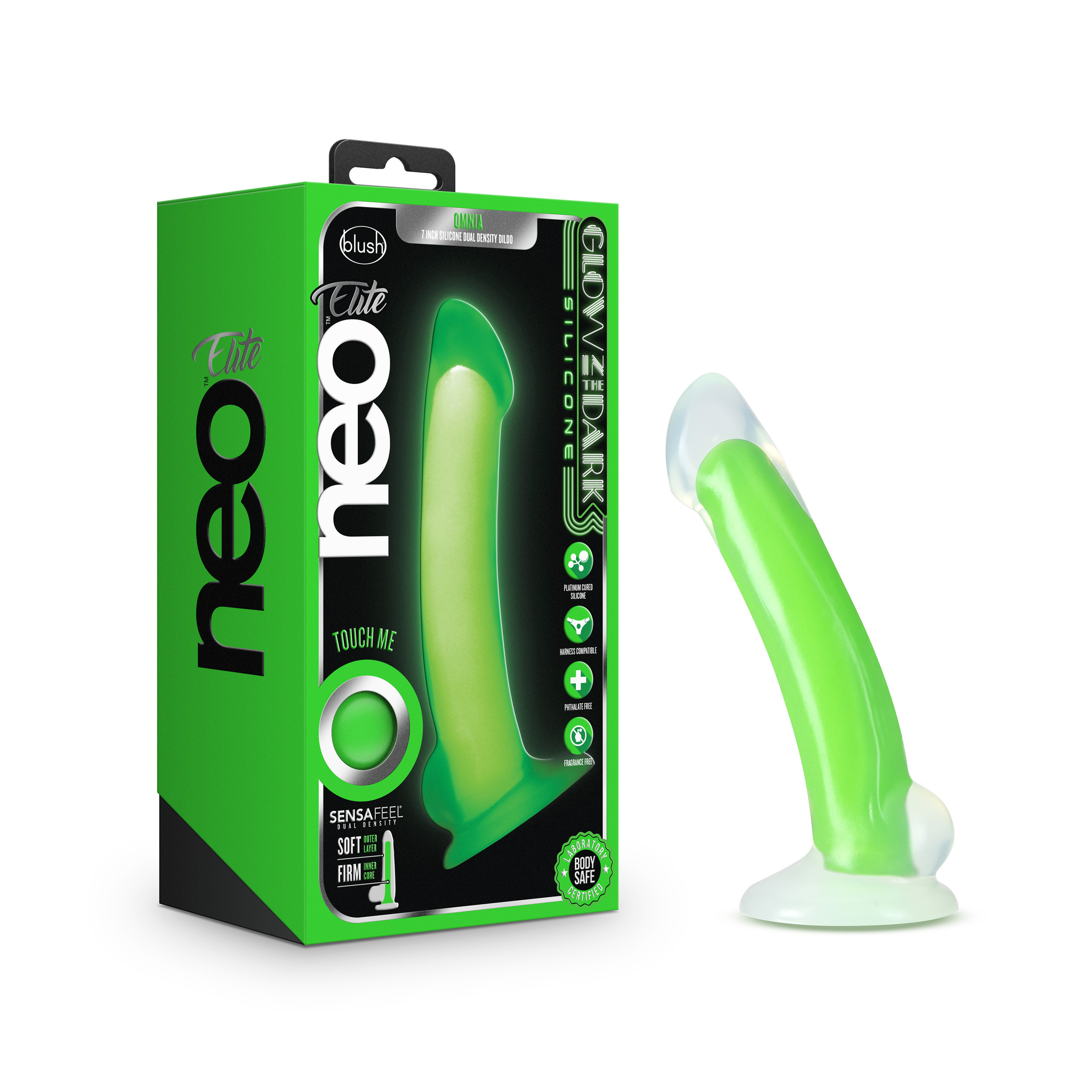 Blush Neo Elite? / Omnia Glow In The Dark Neon Green: 7-Inch Long Curved Dildo - Made with Purio? Silicone & SensaFeel? Dual Density Realistic Technology