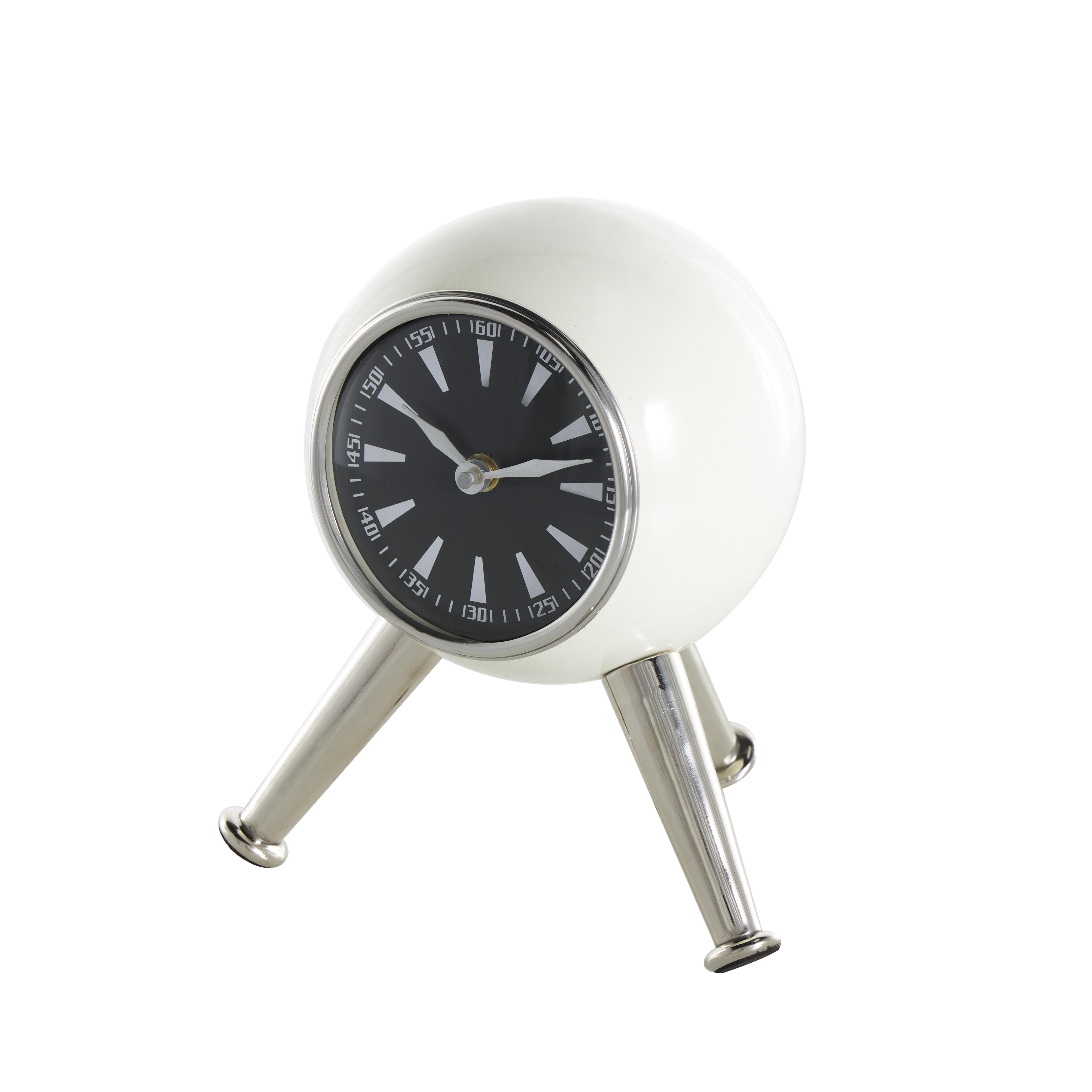 Silver Aluminum Metal  Orb Decorative Clock with Black Clockface and Silver Tripod Legs, 7" x 6" x 9"