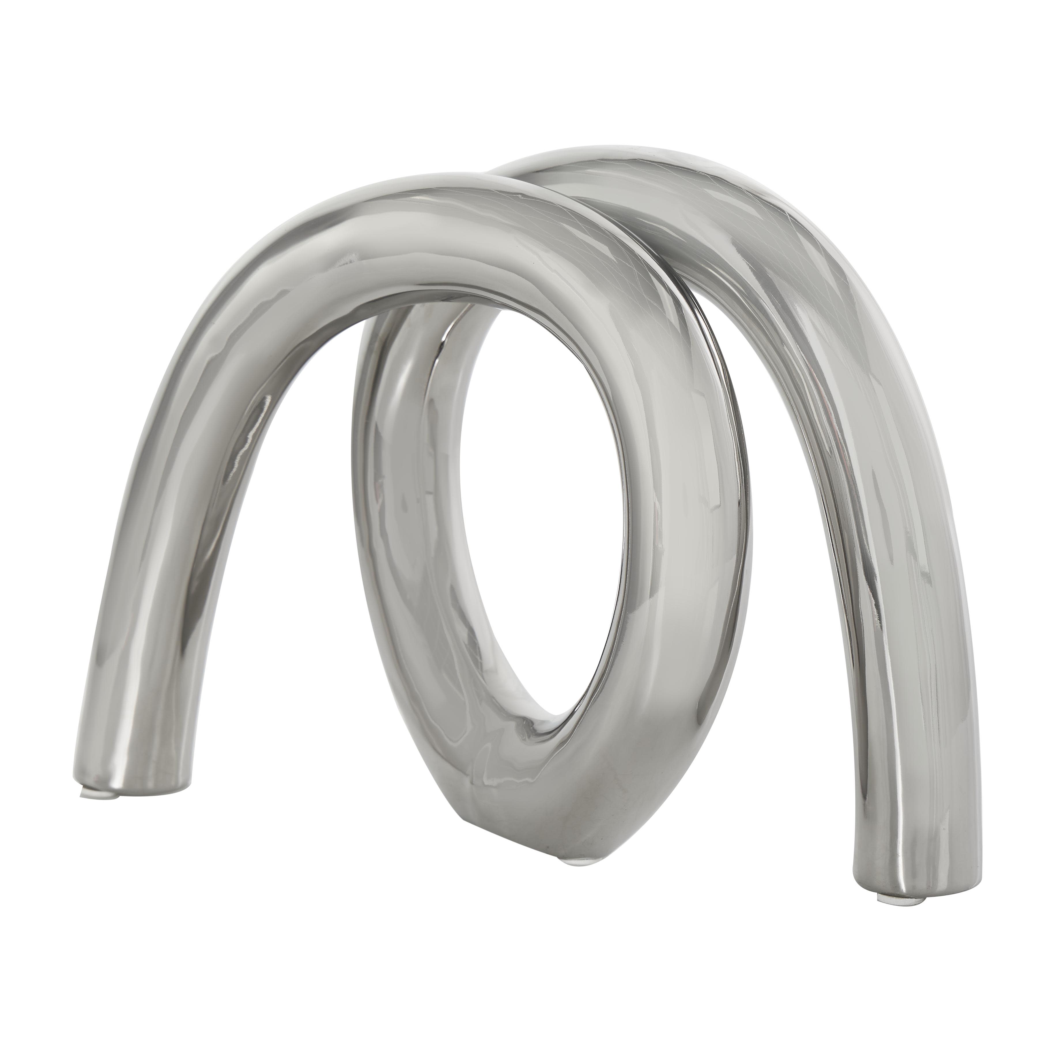 Silver Ceramic Abstract Rounded Loop Decorative Sculpture, 12" x 4" x 8"