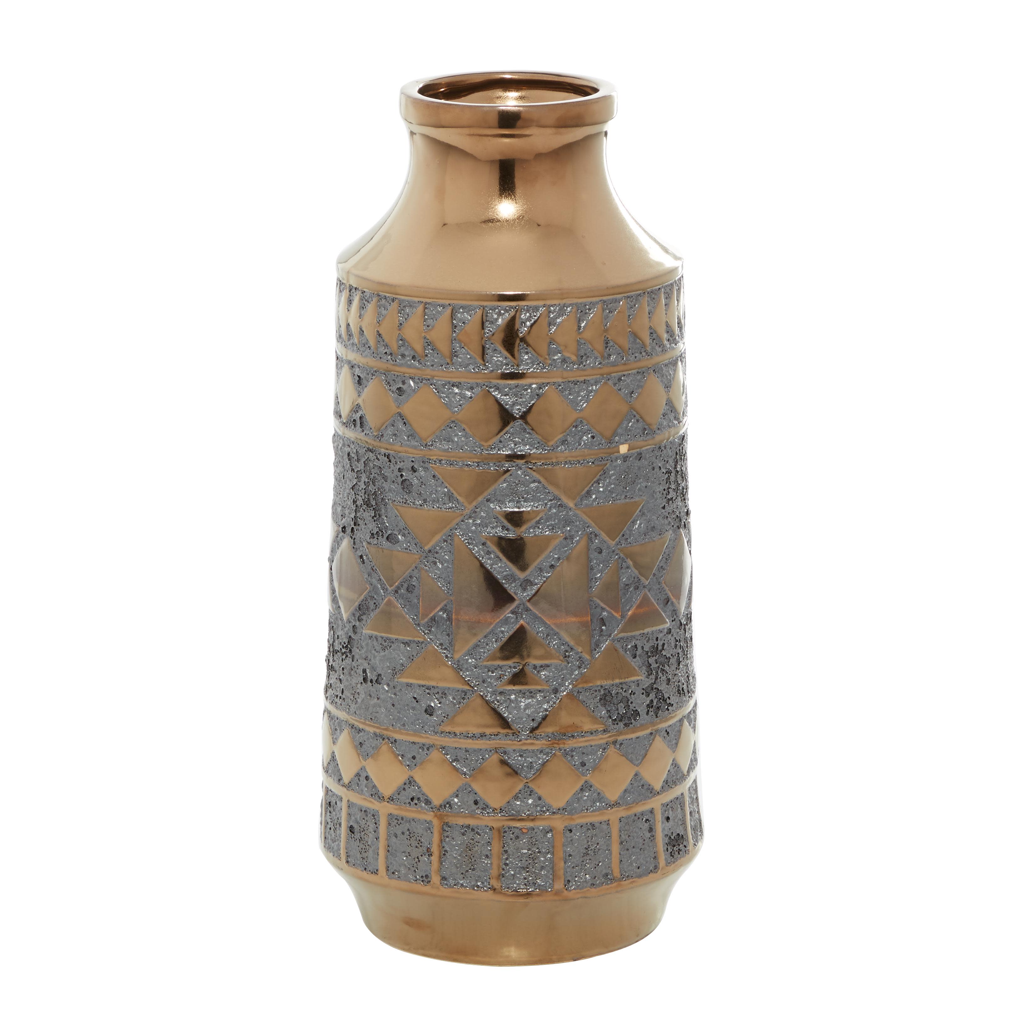 Gold Porcelain Ceramic Tribal Decorative Vase, 8" x 8" x 18"