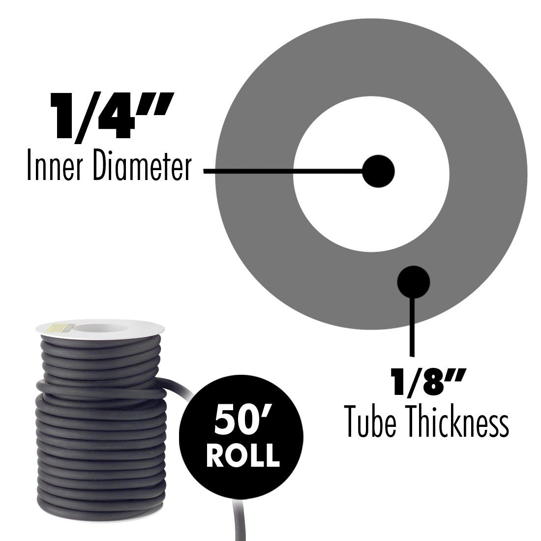 ACE Latex Rubber Tubing Black, 1/4" x 1/8"- 50' Roll