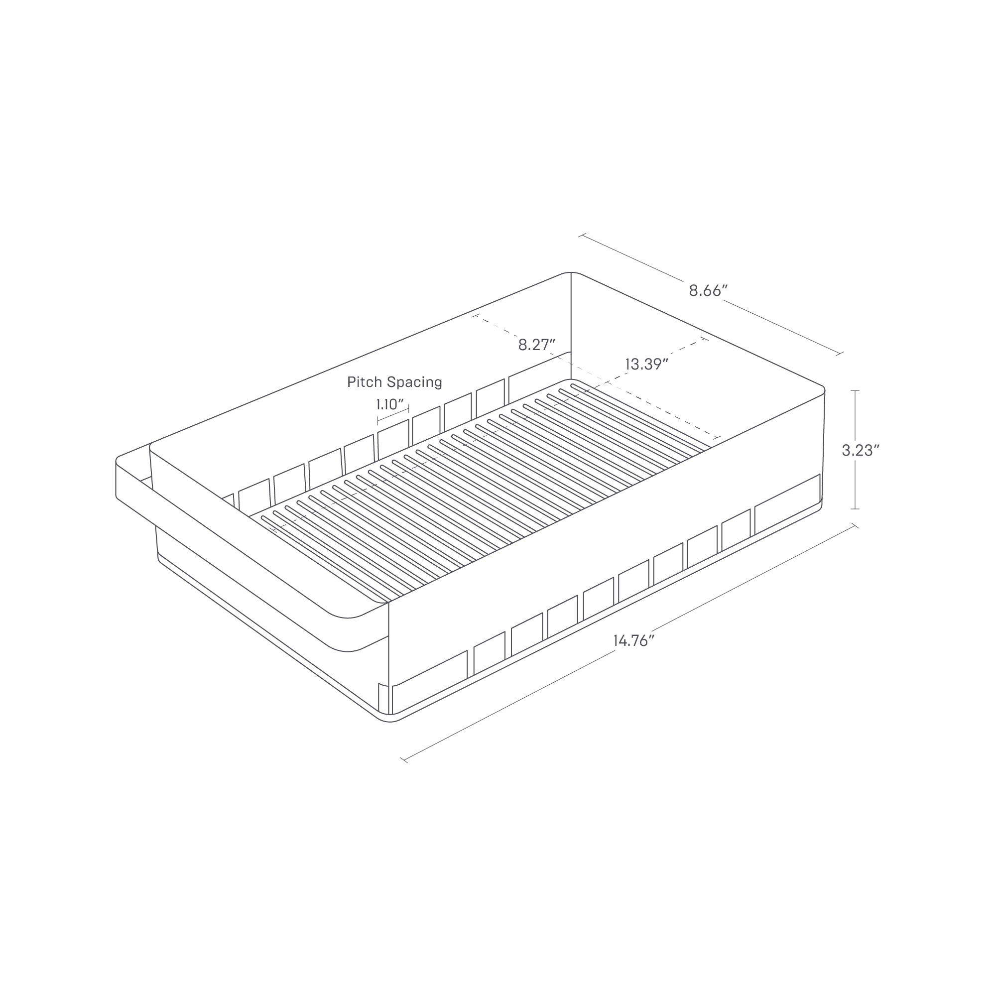 A detailed dimension image of the refrigerator organizer bin, featuring the dimensions 8.66 x 14.76 x 3.23 inches.