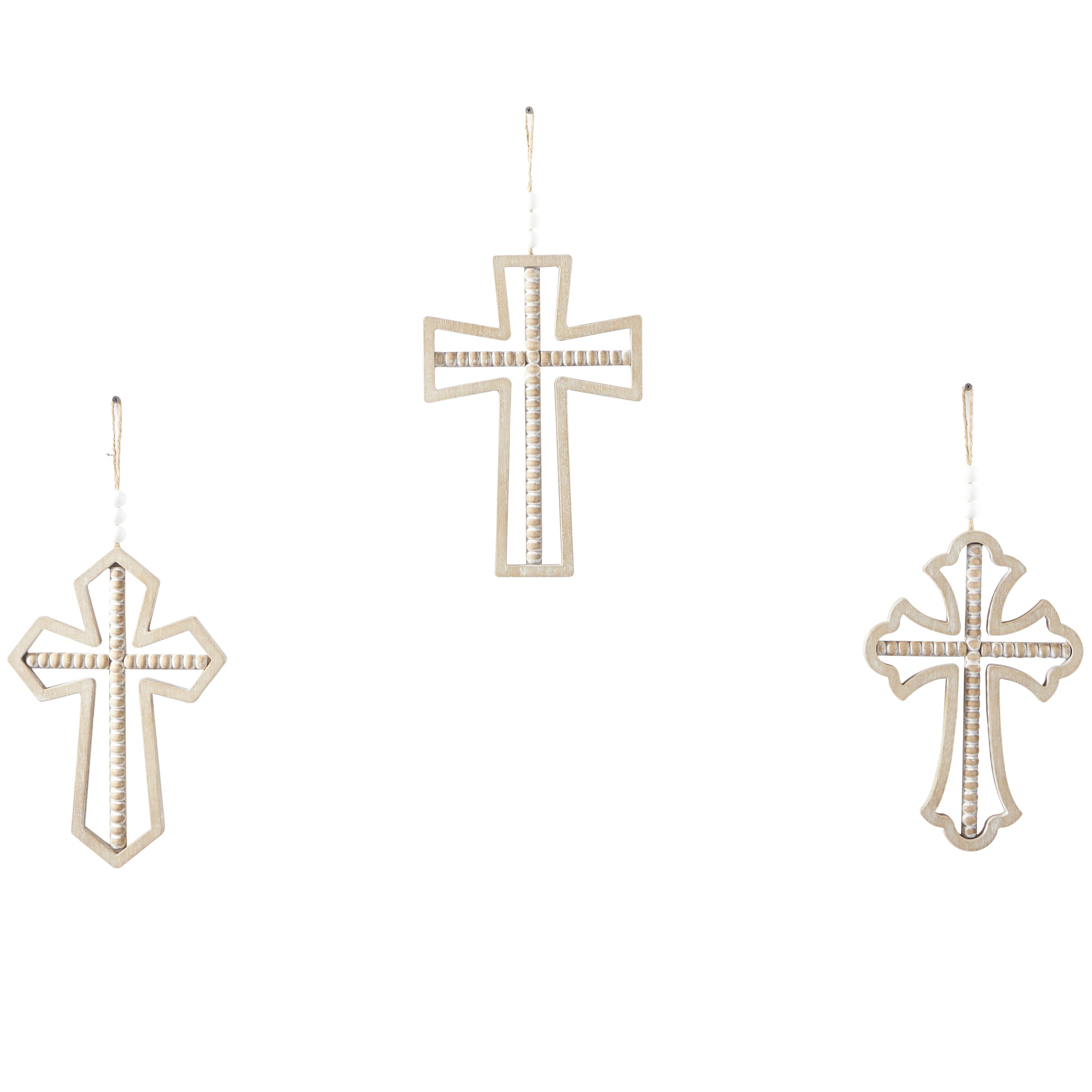 Light Brown Wood Cross Carved Beaded Crosses Home Wall Decor with Rope Hanger, Set of 3 9"W, 18"H