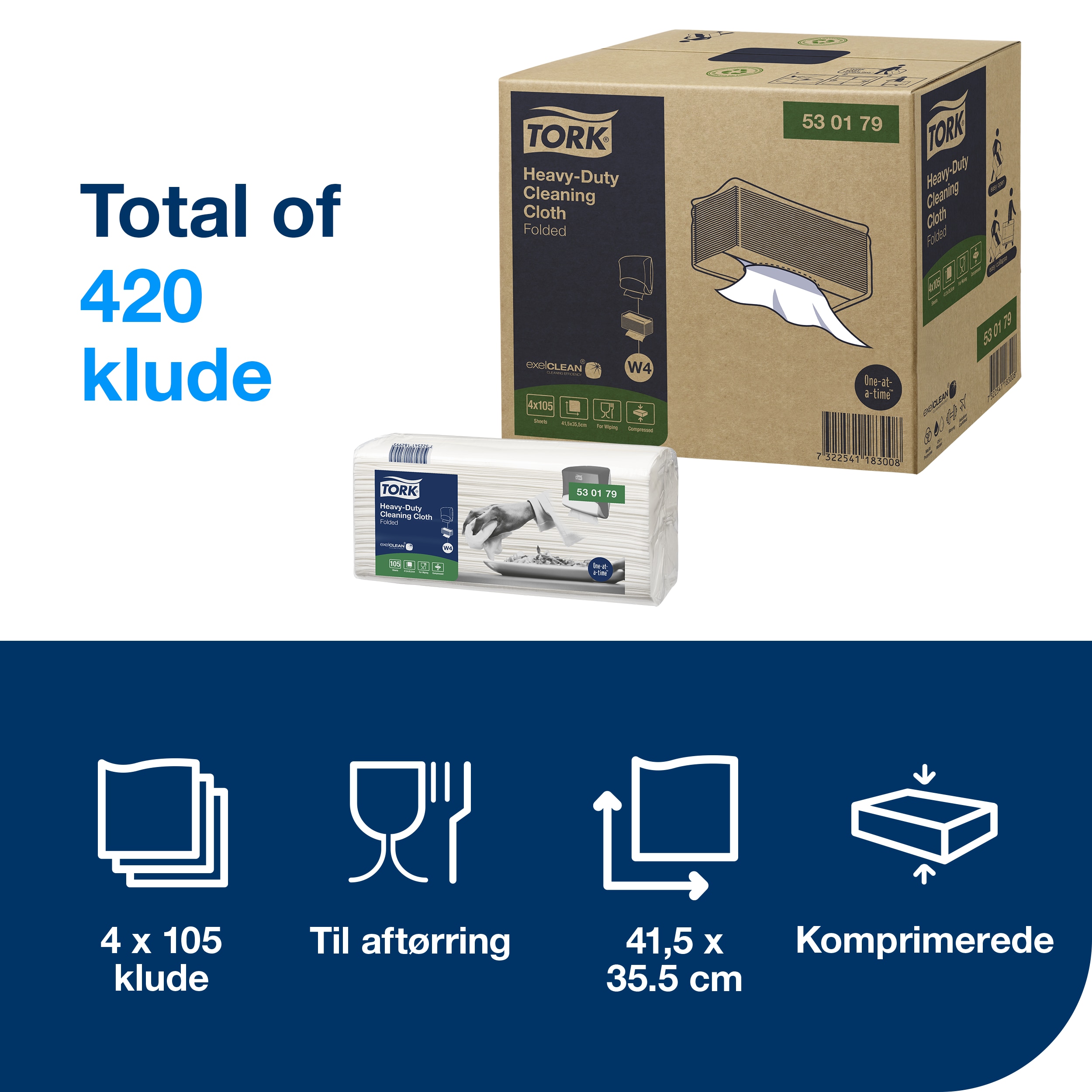 Aftørringsklud, Industri, Hvid, 420 klude, Tork Kraftig W4