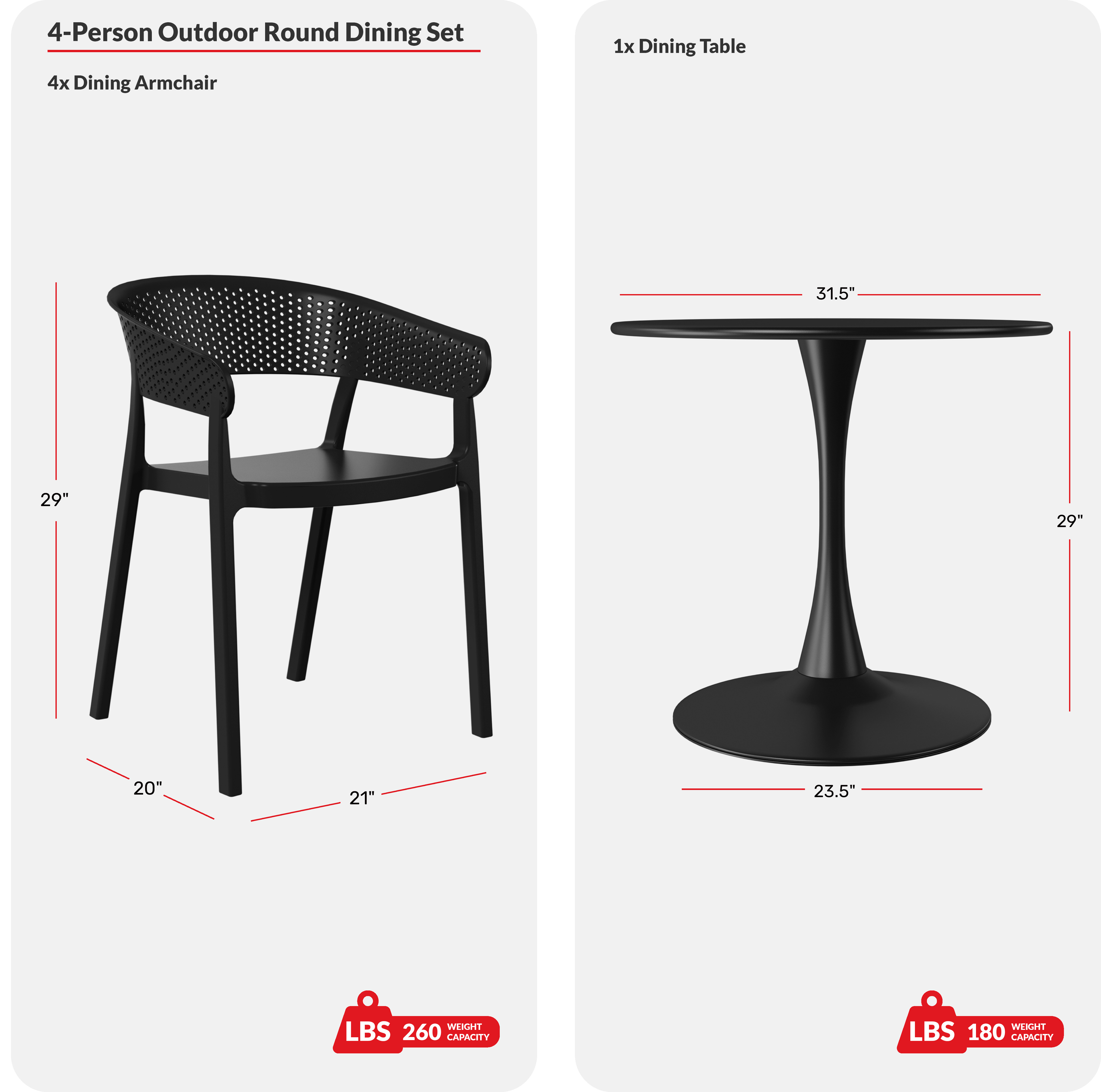 5-Piece Indoor Outdoor Metal Patio Dining Table Set With Stackable Patio Chairs COS Spec Image