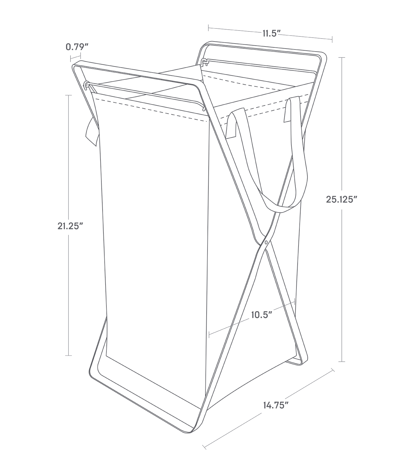 Dimenision image for Laundry Hamper with Cotton Liner - Two Sizeson a white background showing total width of 11.5", length of 14.75", height of 25.125". The removable hamper (not including the frame) shows width and length of 10.5" and, height of 21.25". The thickness of the frame shows 0.79".