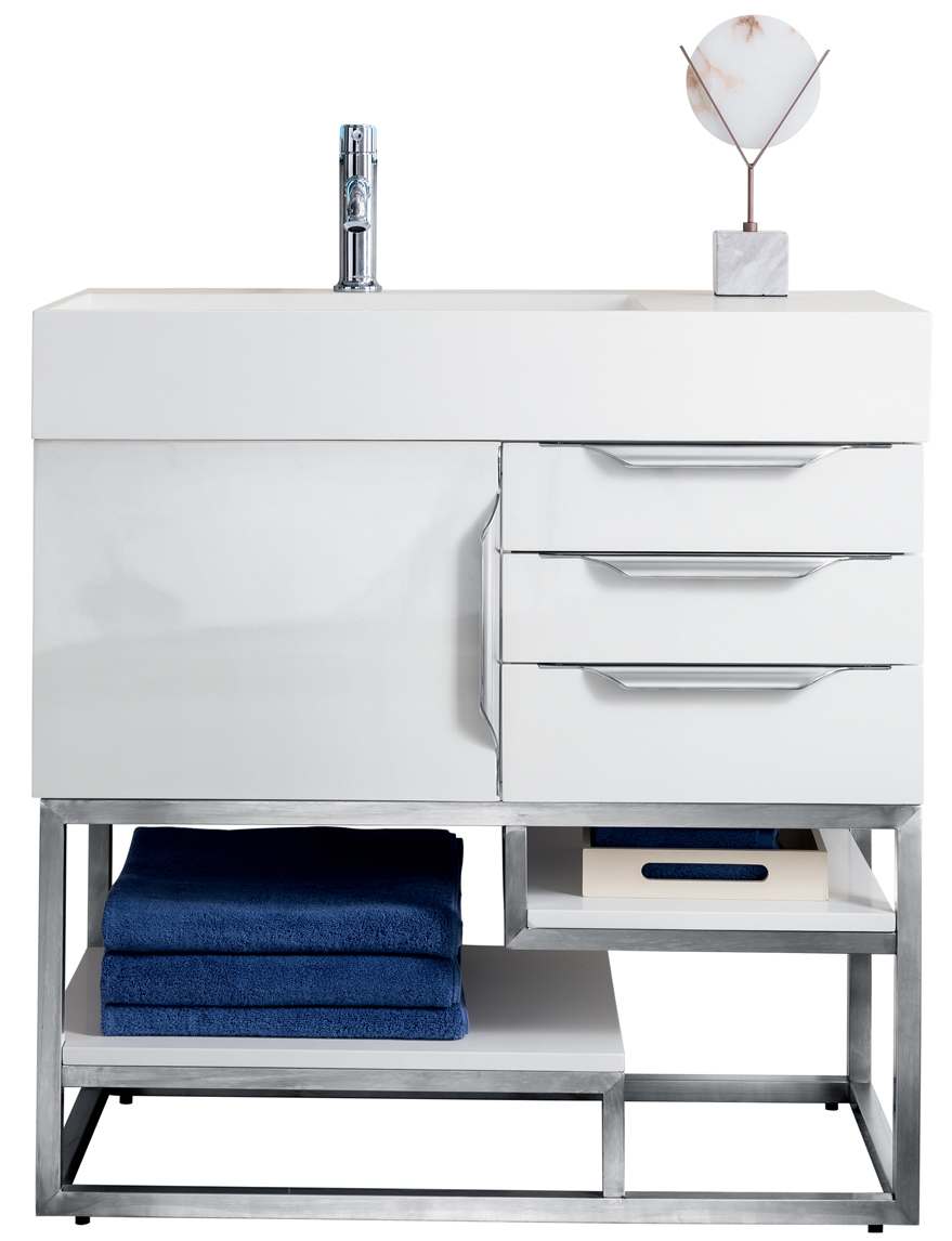 James Martin Columbia 36" Single Vanity, Glossy White w/ Glossy White Composite Stone Top and Stand Finish Options