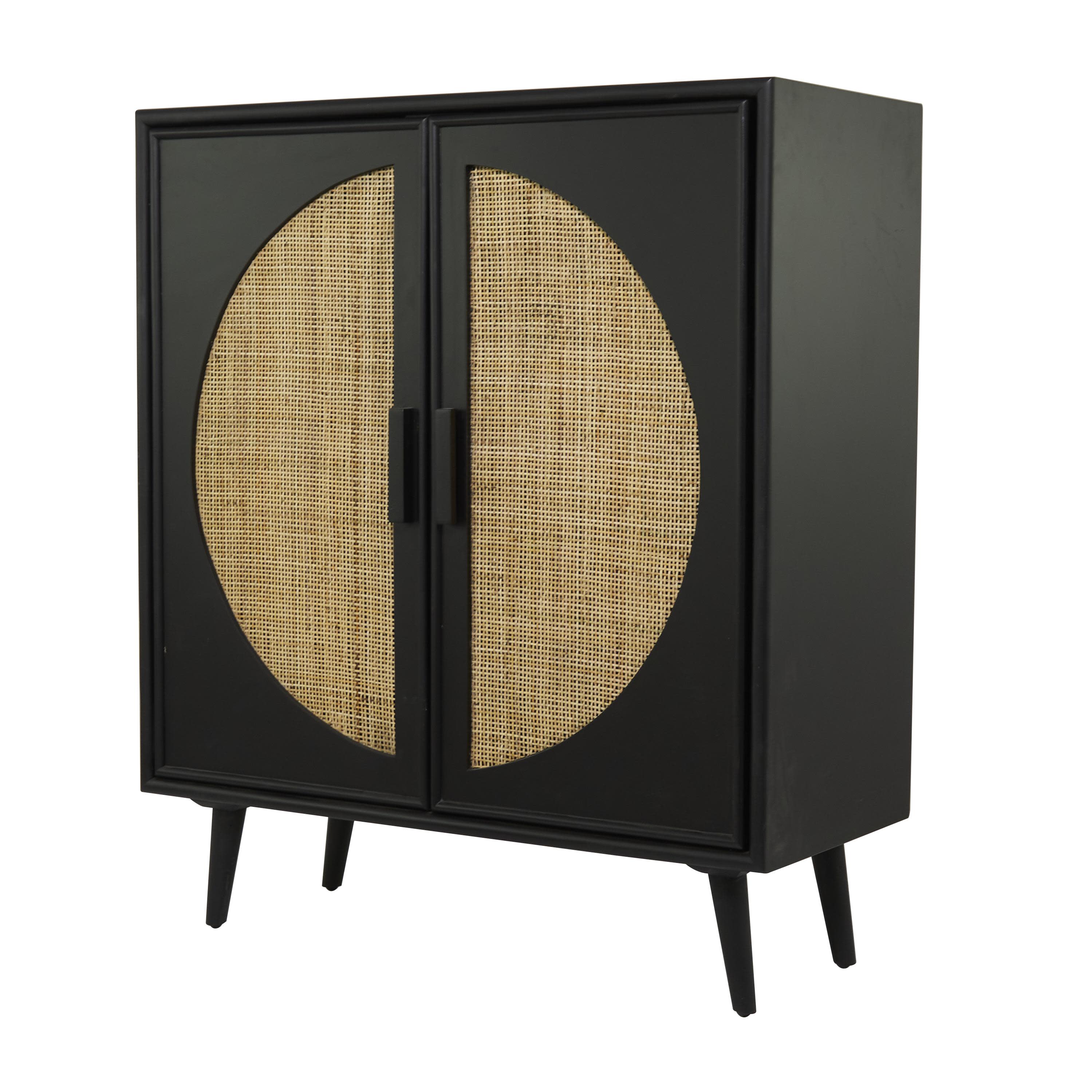 Black Wood Geometric Square 2 Door Room Cabinet with Circular Cane Accent, 36" x 16" x 43"