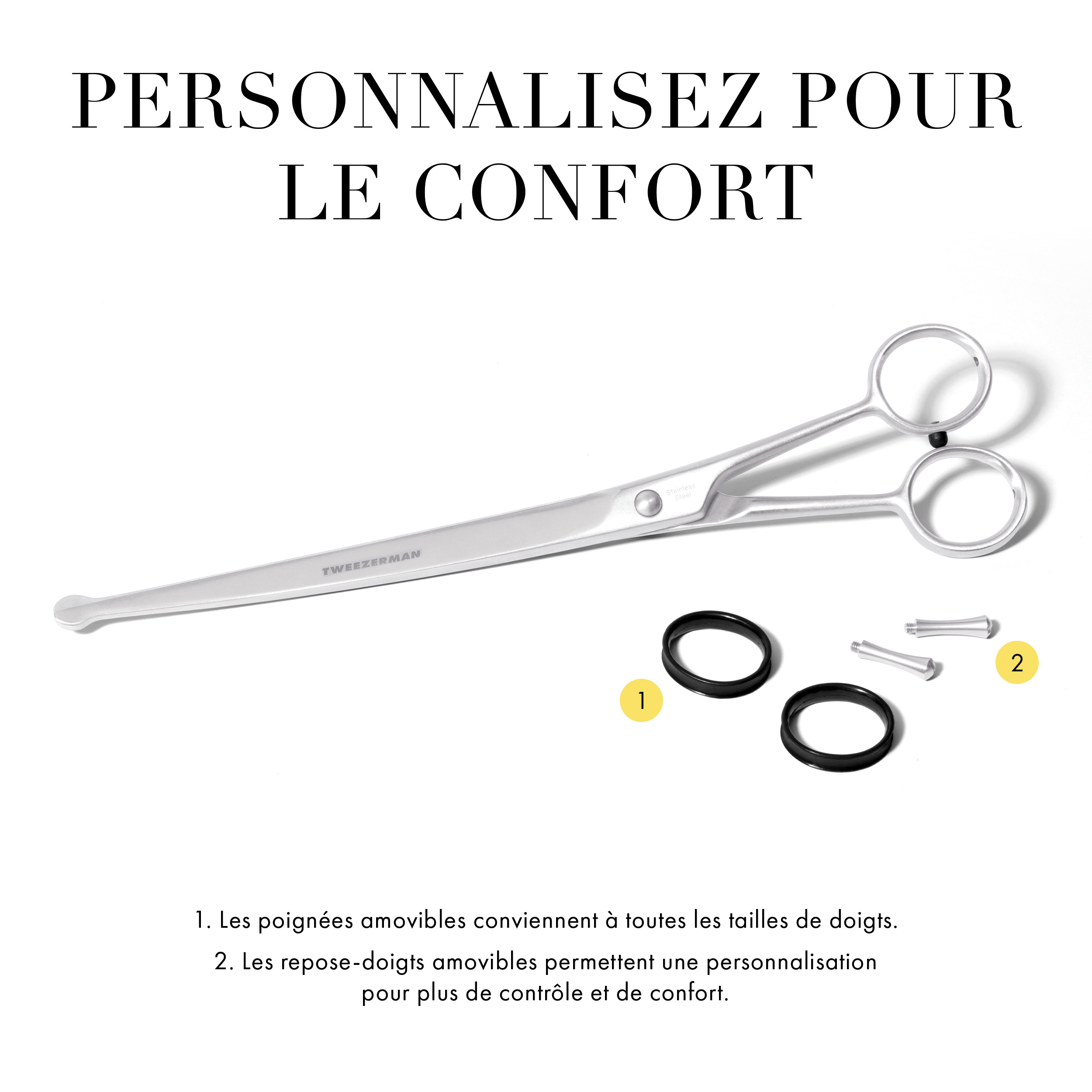 Customized for comfort 1. Removable finger grips accommodate all finger sizes. 2. removable finger rests allow customization for added control and comfort.