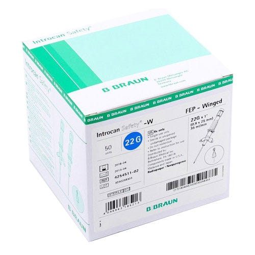 Introcan® Safety IV Catheter 22ga x 1"  Winged Teflon- 50/Box