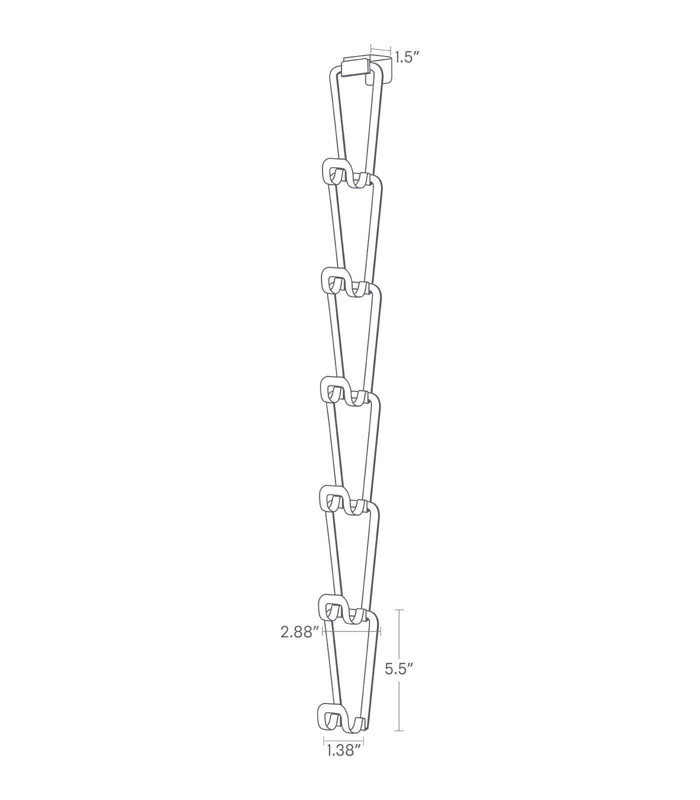 CHAIN Cascading Storage Hooks. Overall length 30.31 inches tall, 1.5 inches wide. Individual hook length: 5.5 inches tall, 2.88 inches long.