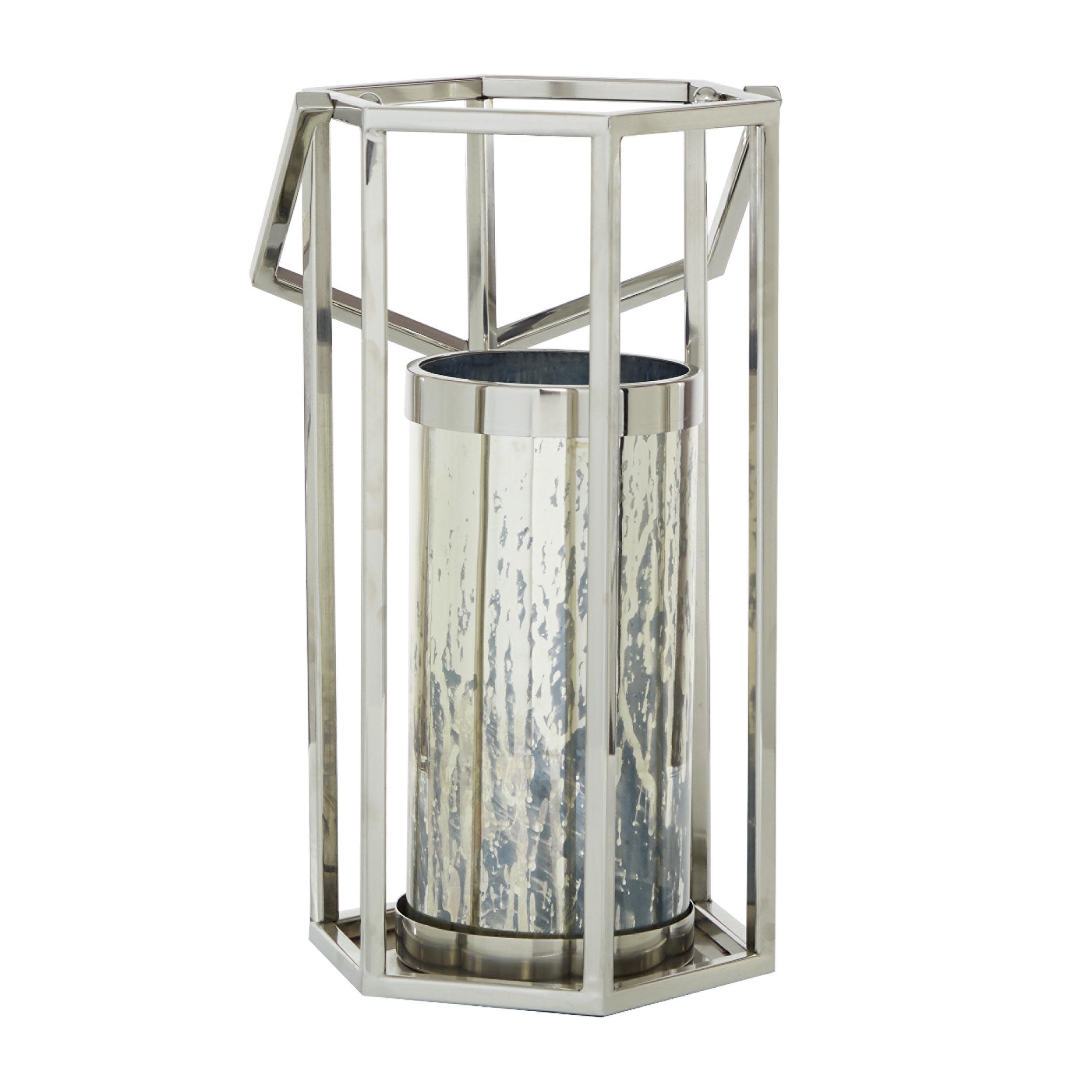 2 Silver Stainless Steel Metal  Pillar Candle Lantern with Faux Mercury Glass Finish, 10\" x 11\" x 18\"